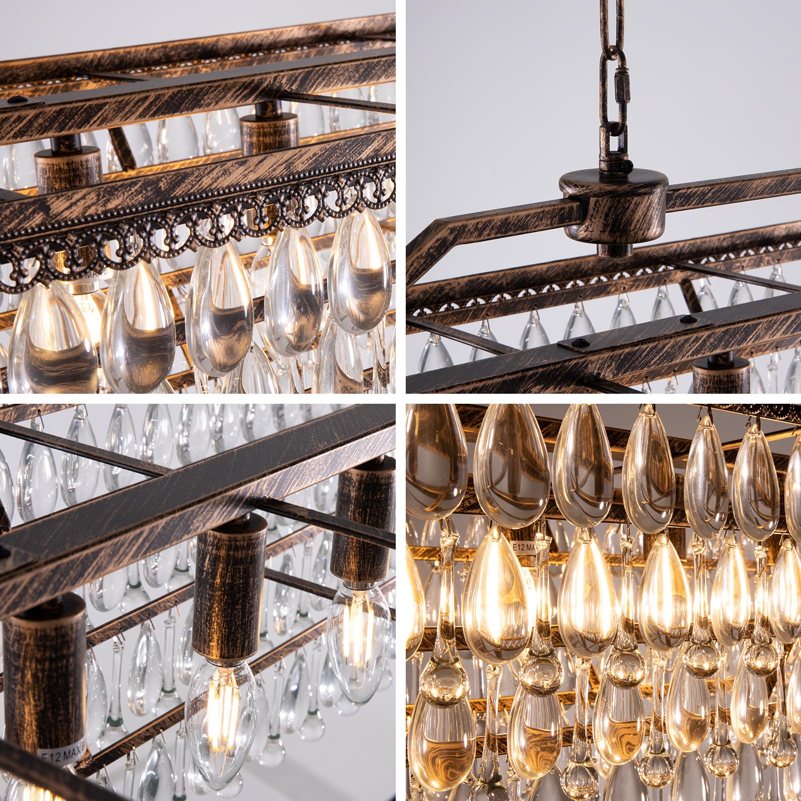 Dining Room Crystal Chandelier,30 inch Antique Bronze Rectangle Crystal Ceiling Light,4 Lights Farmhouse Kitchen Island Lighting,Adjustable Hanging Light Fixtures