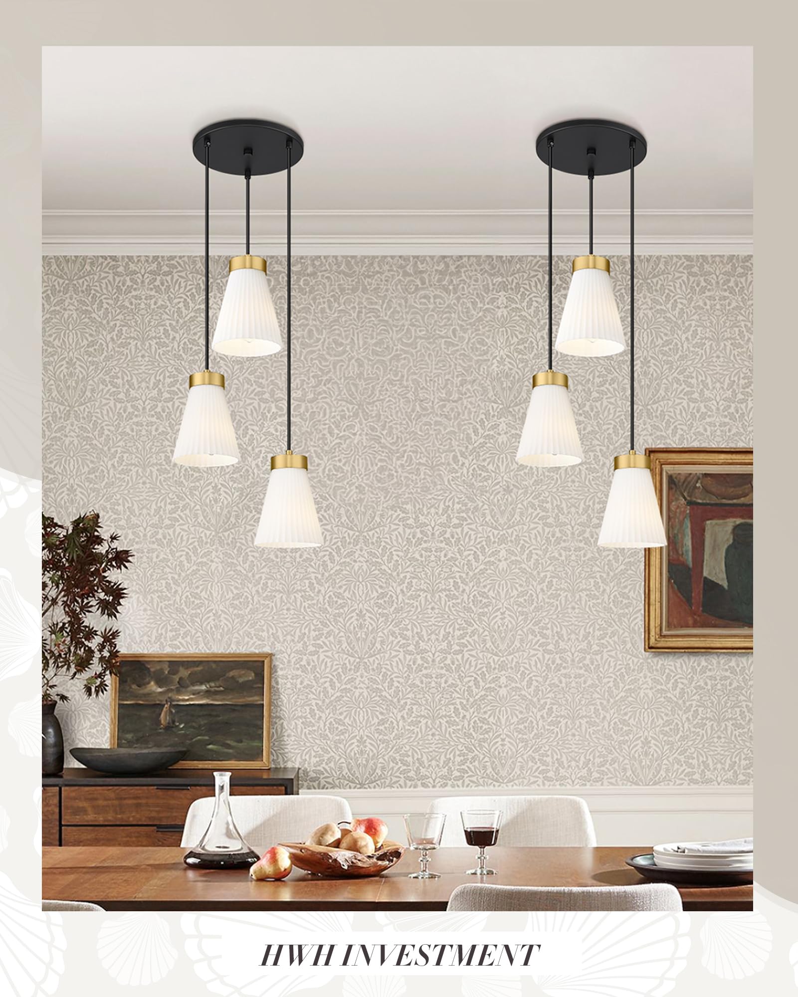 3-Light Pendant Lighting, HWH Modern Glass Pendant Lights Kitchen Island 3-Cluster, Adjustable Hanging Light Fixture Black Gold Finish Frosted Milk White Shade, 5HZG97-3 BK+BG