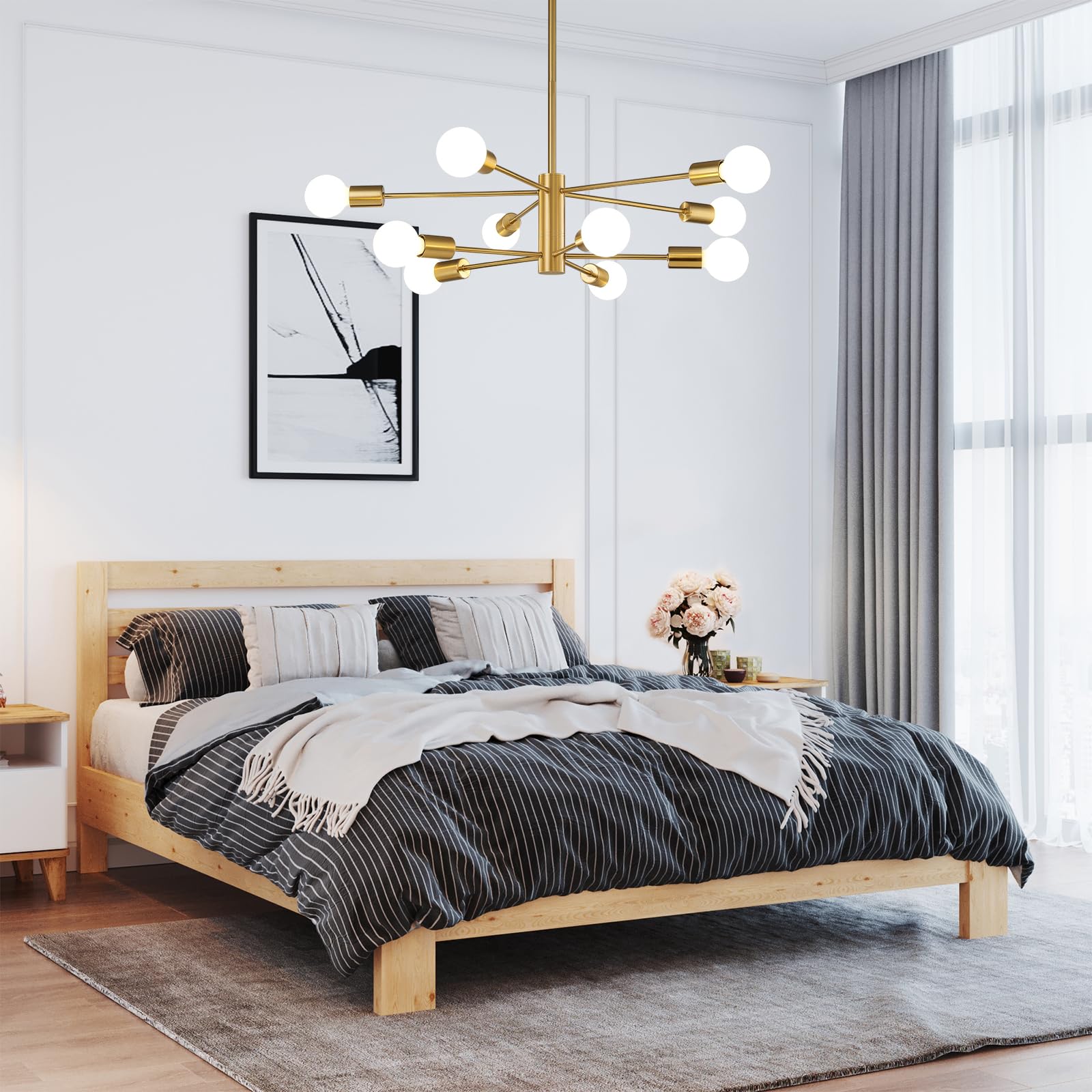 Sputnik Chandelier Modern Gold Chandelier 6-Light E26 Mid Century Ceiling Light Fixture Height Adjustable Hanging Pendant Lighting for Dining Room Kitchen Island Bedroom Office