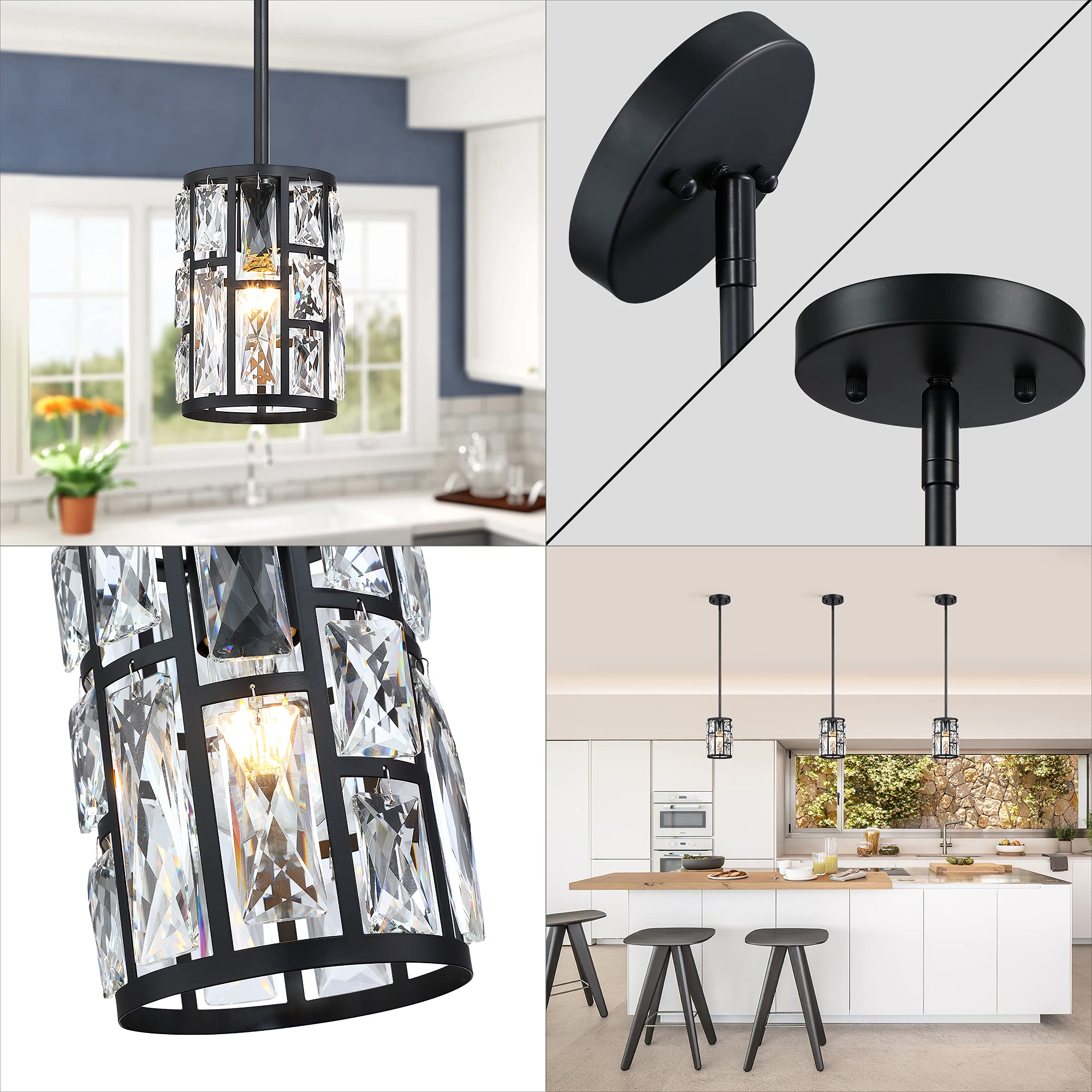 MEXO Farmhouse Crystal Round Semi Flush Mount Close to Ceiling Light Fixture, Drum Shade 3LT Ceiling Lamp for Kitchen Island Dinning Room Bedroom, Hallway Black Finish