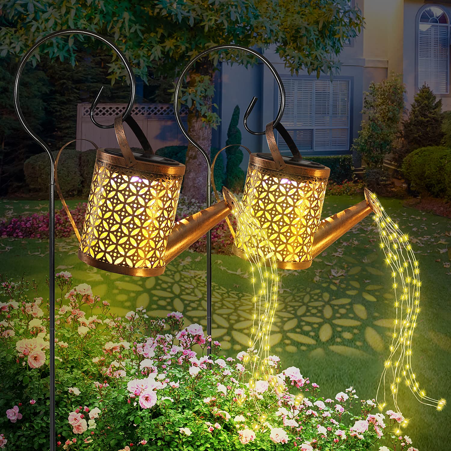 Solar Watering Can with Lights, Outdoor Solar Garden Lights,Garden Decor, Hanging Lantern Waterproof,Metal Solar Waterfall Lights for Yard Patio