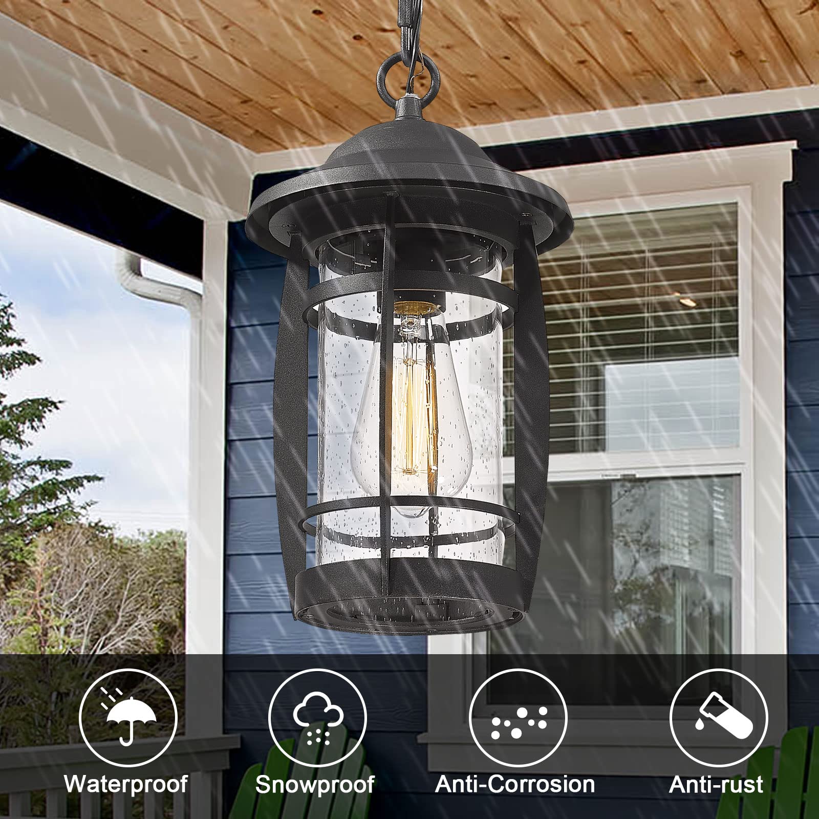 Outdoor Pendant Light for Porch, Exterior Hanging Lantern Outdoor Chandelier in Black Finish for Entryway, Doorway, Farmhouse, Foyer