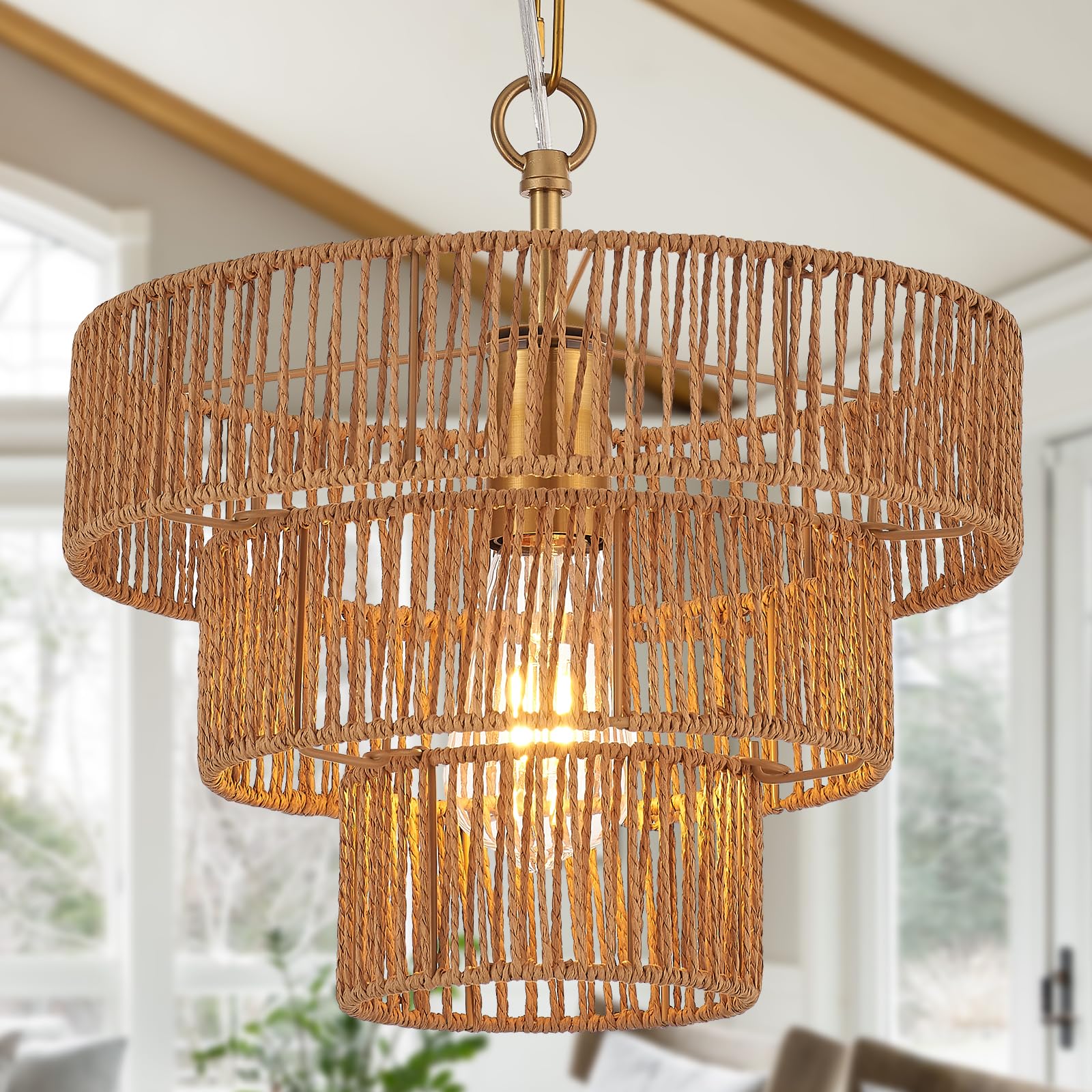 Black Hand-Woven Rattan Chandelier Vintage Farmhouse 6-Lights Boho 19.7" Bamboo Black Chandelier Light Fixture Retro 4-Tier Drum Wicker Chandelier for Dining Room, Kitchen, Living Room, E12