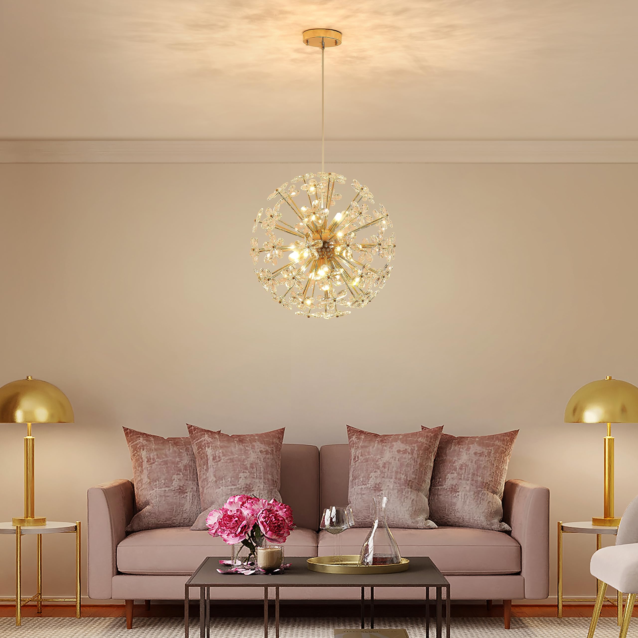 Dandelion Crystal Chandeliers, Modern Design, Firework Pendant Light Fixture for Living Space, H17'' x D17'', Adjustable Chains 59'', G9*9 Sockets, Brilliant Gold Finish Frame