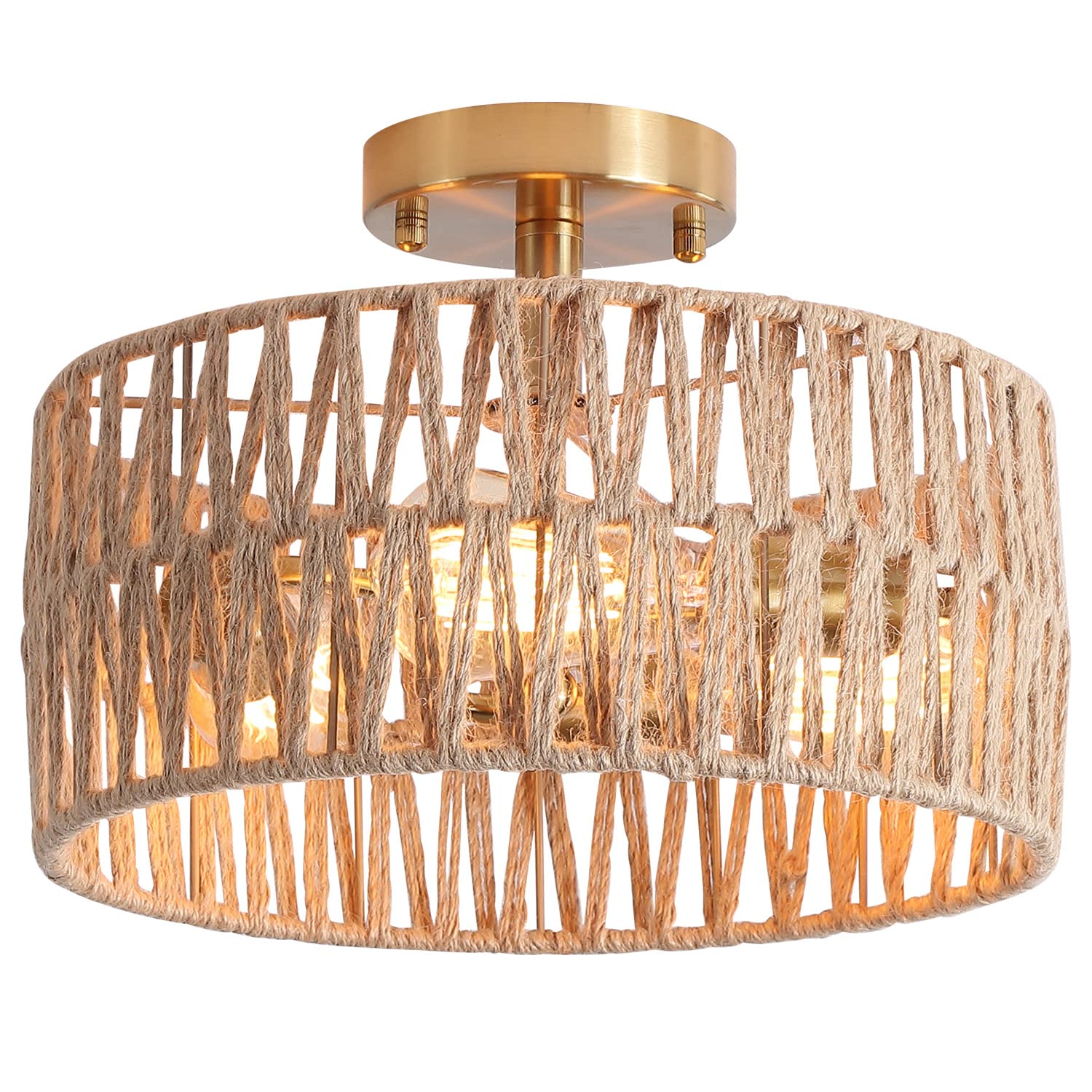 3-Light Antique Gold Woven Flush Mount Light Fixture Rustic Coastal Hemp Rope Brass Semi Flush Mount Ceiling Light for Hallway Bedroom Kitchen Entryway Farmhouse Living Room