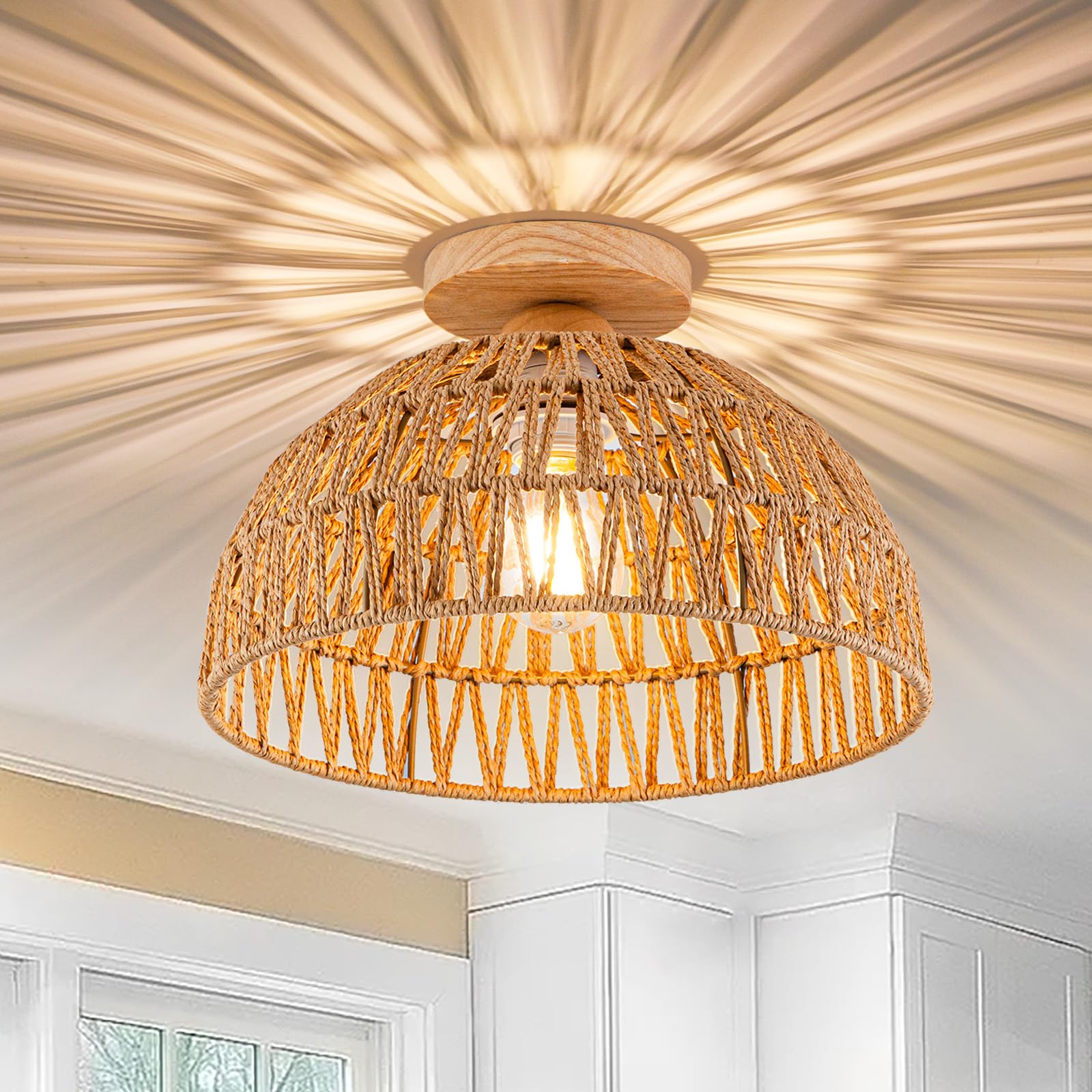 Rattan Pendant Light Fixture Basket Hanging Drum Chandelier Basket Light White Boho Ceiling Light Flush Mount Ceiling Light Woven Kitchen Chandelier for Dinning Room Hallway Bedroom Chandelier