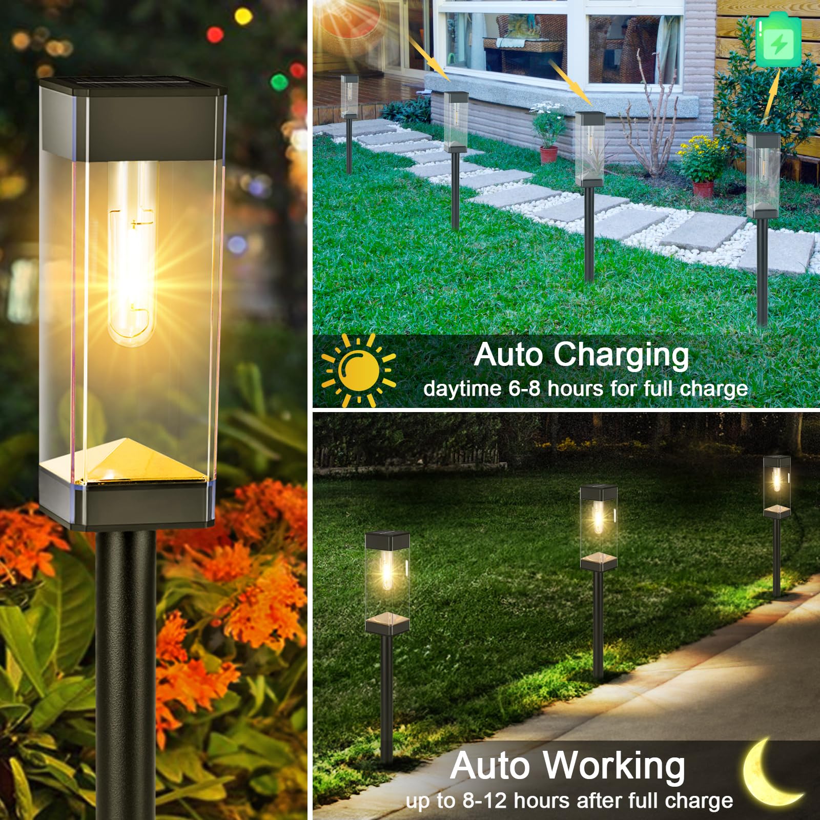 8 Pack Solar Pathway Lights Outdoor, Waterproof Solar Lights Outdoor, LED Outdoor Solar Garden Lights with LED Filament Bulb, Perfect for Yard Lawn Walkway Driveway Backyard Landscape