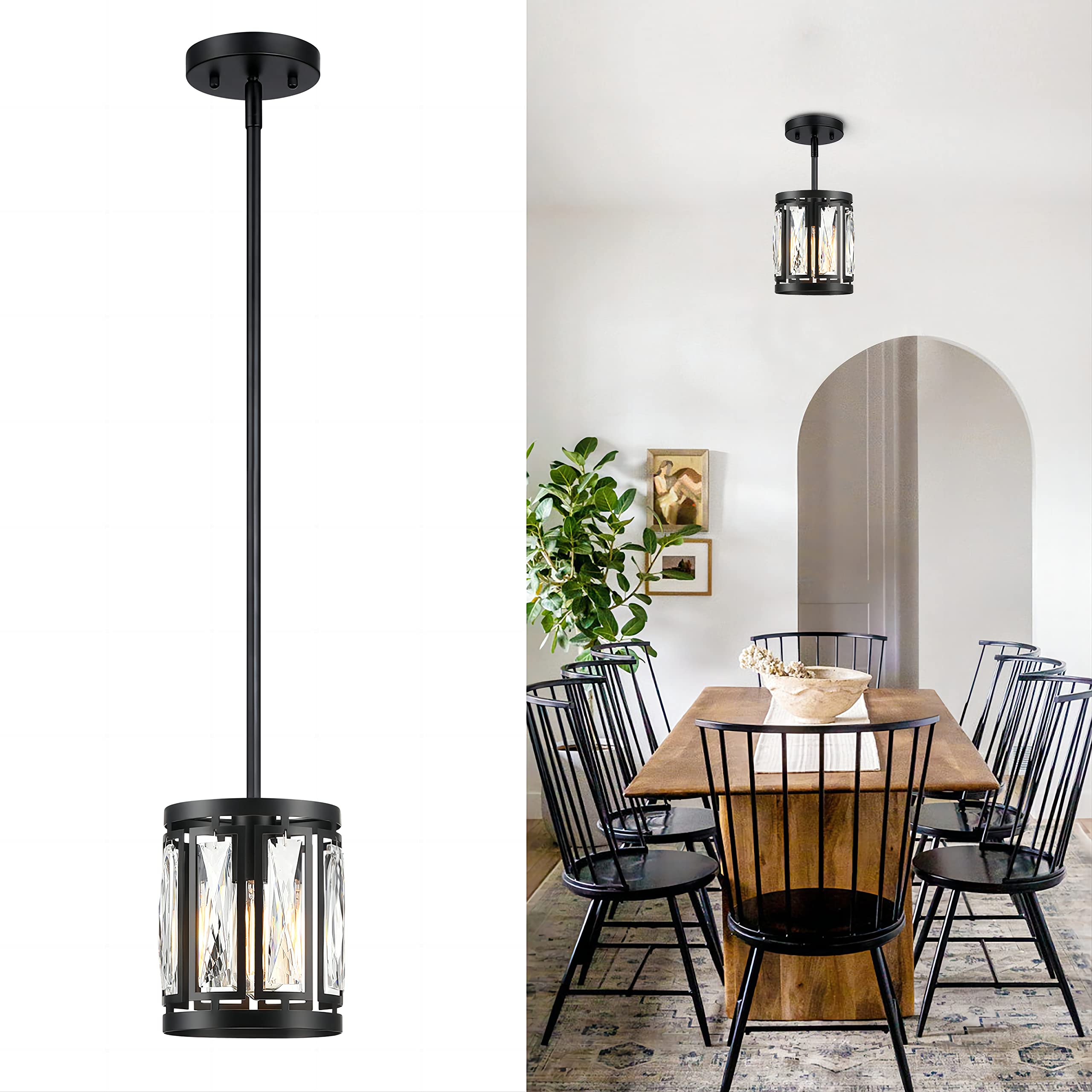 Crystal Pendant Lighting Fixture Matte Black Drum Shade Chandelier,2-Pack Pendant Lights for Kitchen Island Modern Ceiling Lights for Living Room