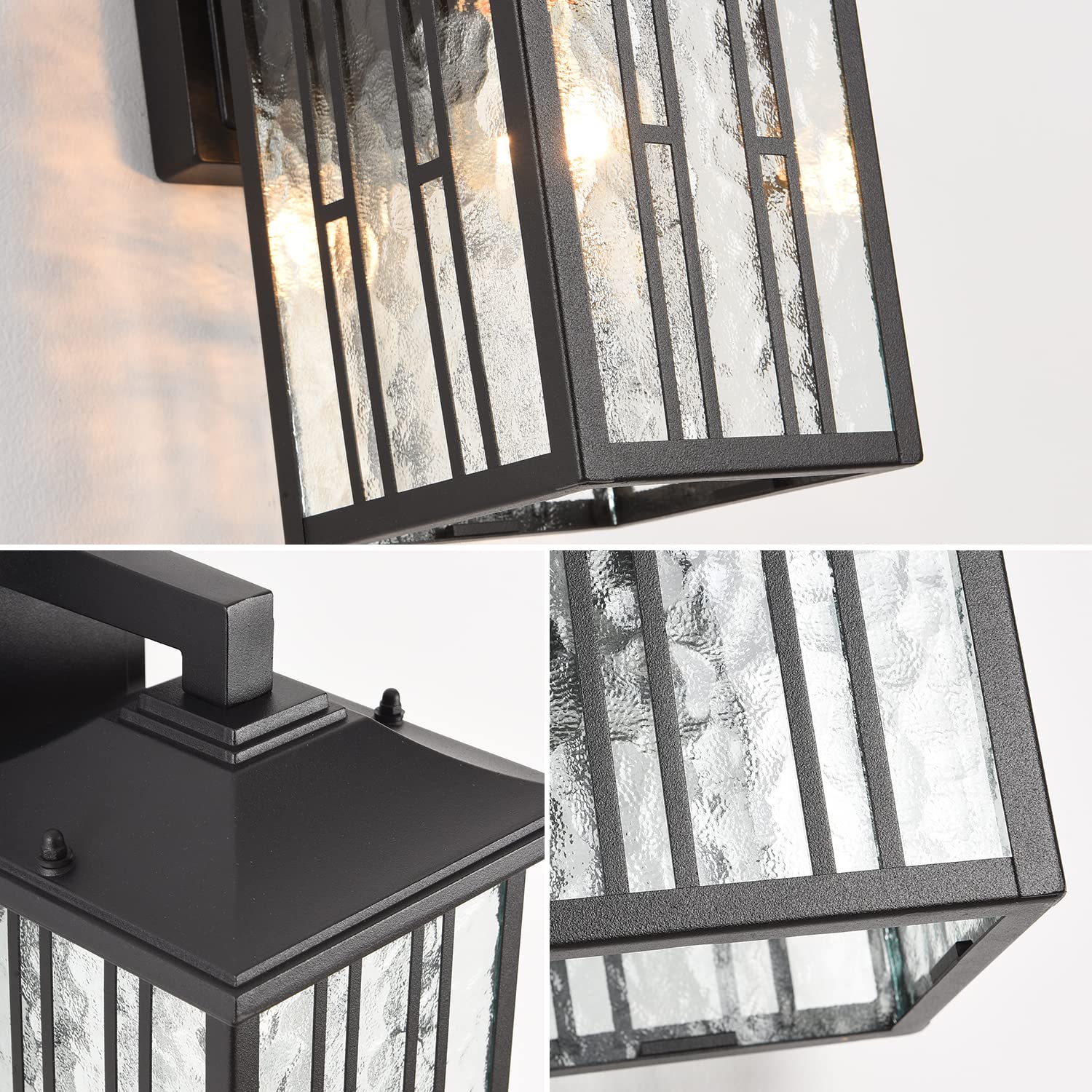 Outdoor Pendant Light, Black Exterior Hanging Lights, LED Outdoor Chandelier, Modern Hanging Lantern for Porch, Ceiling Entry Porch Patio Matte Black with Water-Rippled Glasses