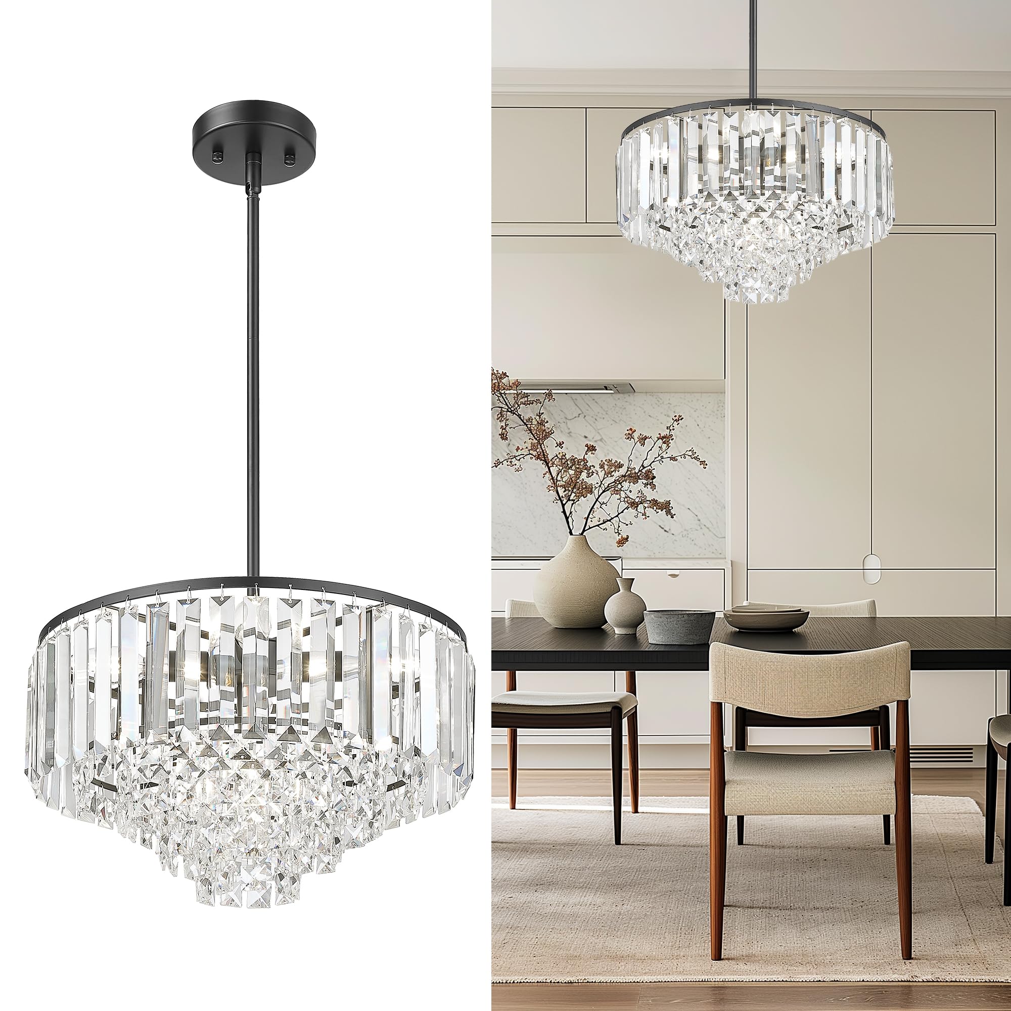 4-Tier Crystal Chandelier, Modern Black Chandelier, 3-Light Pendant Light for Dinning Room Kitchen Island Bedroom Entryway, CC4215-3W-BK