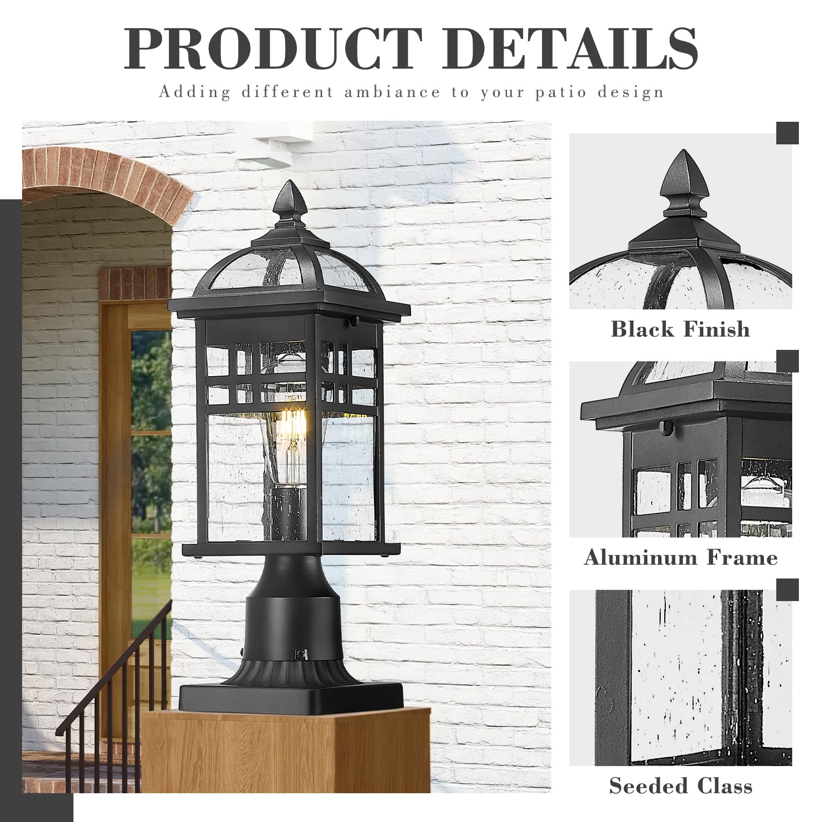 20 Inch Outdoor Pendant Light for Porch, Outdoor Chandelier for Porch, Die-Cast Aluminum with Seeded Glass, Black Finish, DE281H-M BK