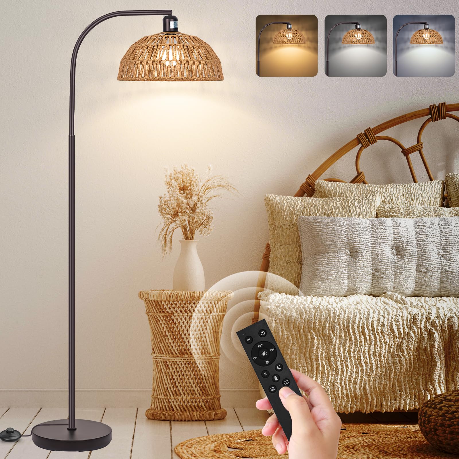 Rattan Floor Lamp- Boho Standing Lamp with Remote Control and Dimmable Bulb, Hand-Worked Adjustable Rattan Shades, Black Farmhouse Tall Lamp, Boho Arc Floor Lamps for Living Room, Bedroom, Office