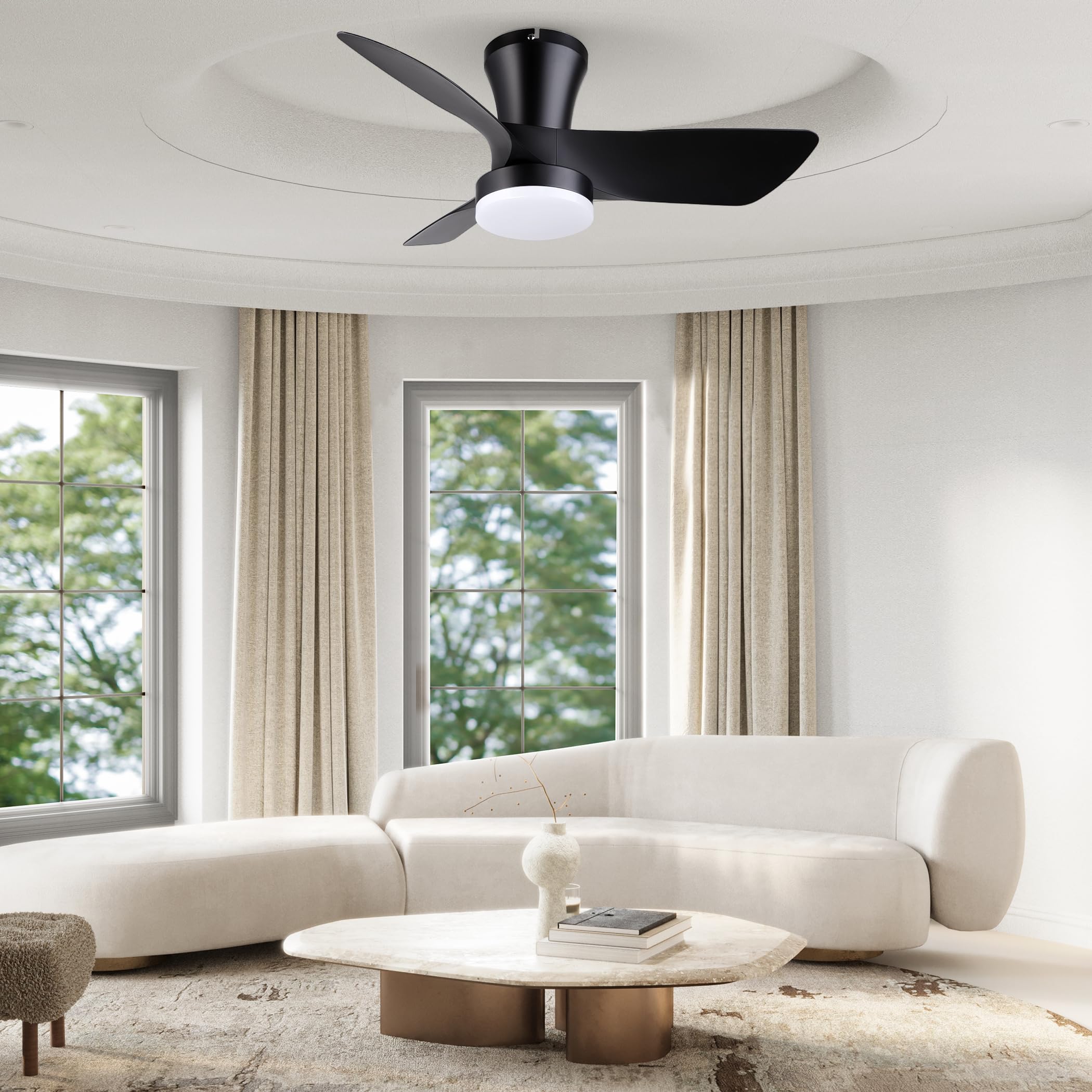 Ceiling Fans with Lights and Remote, 30 inch Low Profile Ceiling Fan with Light, Modern Flush Mount Ceiling Fan for Bedroom/Kitchen/Dining Room/Patio, 6 Wind Speeds, Dimmable, White