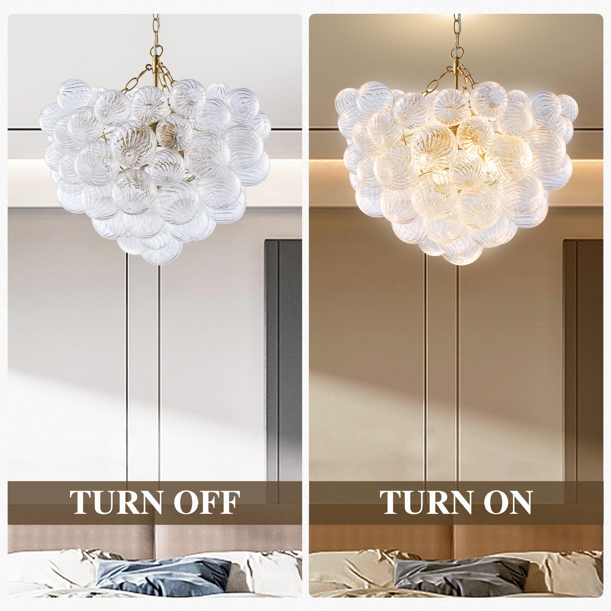 Semi Flush Mount Ceiling Bubble Ball Chandelier Lighting Dia 20 Inch Gold Clear Ribbed Blown Glass Chandeliers Ceiling Medallions Light Fixtures for Bedroom, Living Room, Entry, Bathroom