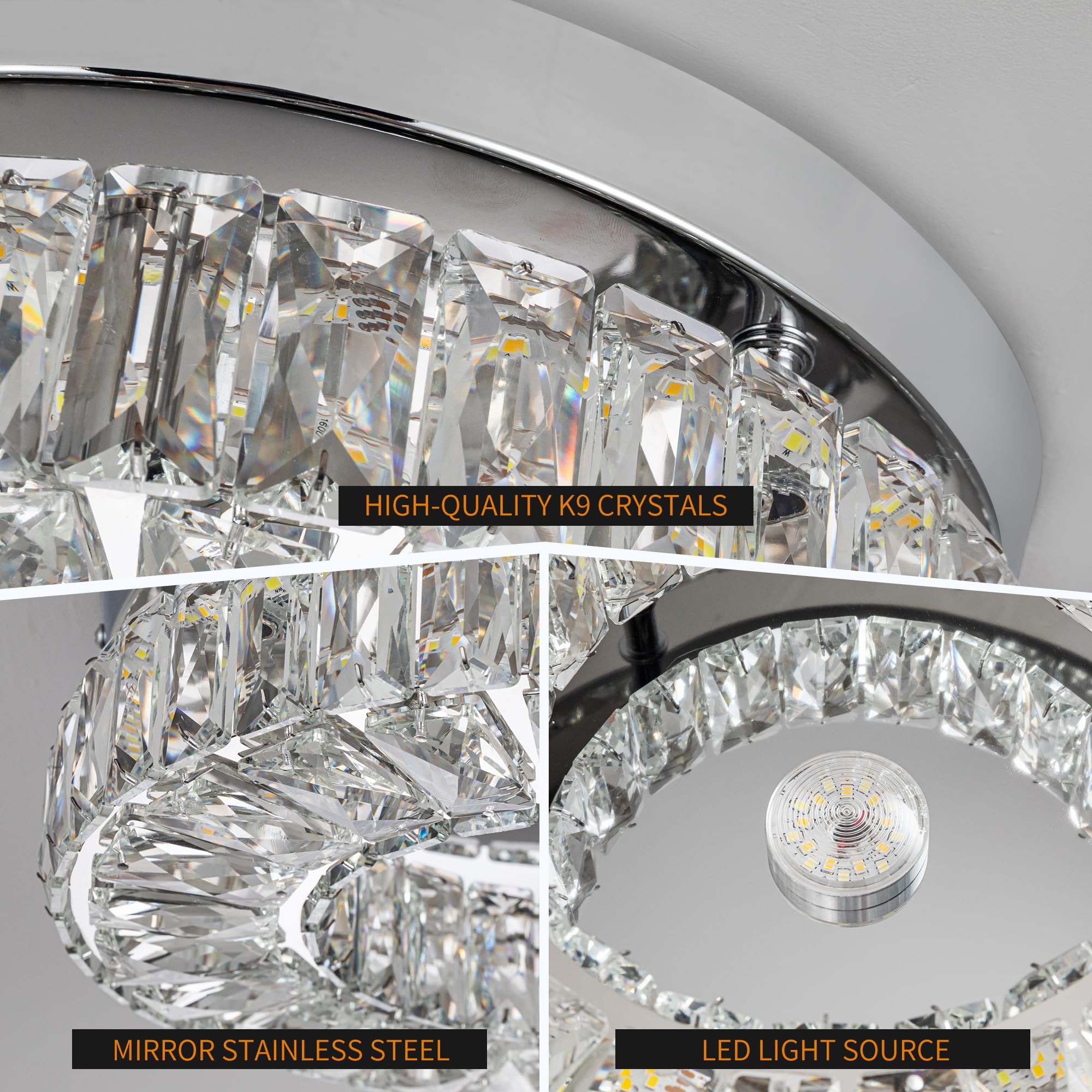 11.8" Crystal Chandelier LED Crystal Flush Mount Ceiling Light Modern Crystal Chandeliers for Bedrooms Dining Room Hallway (6500K Cool White) Without Remote Control