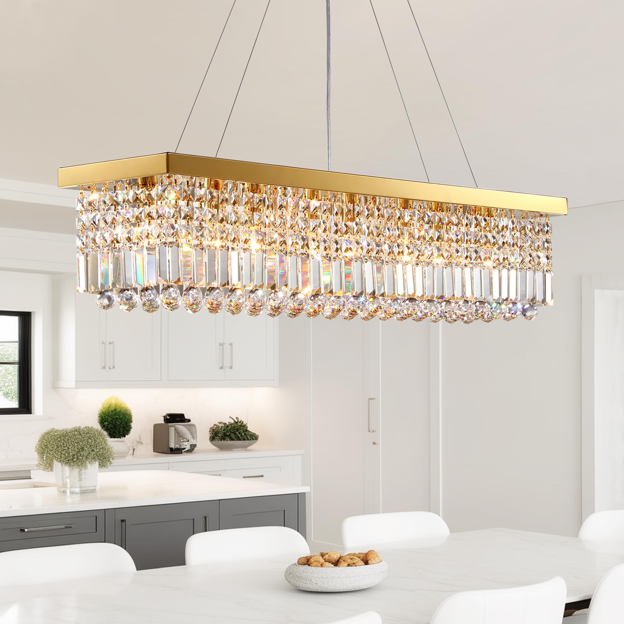 6-Light Modern Crystal Chandelier Rectangular Gold K9 Crystal Raindrop Chandelier for Dining Room, Luxury Adjustable Ceiling Pendant Light for Living Room Kitchen Island L31.5'' x W10'' x H10''