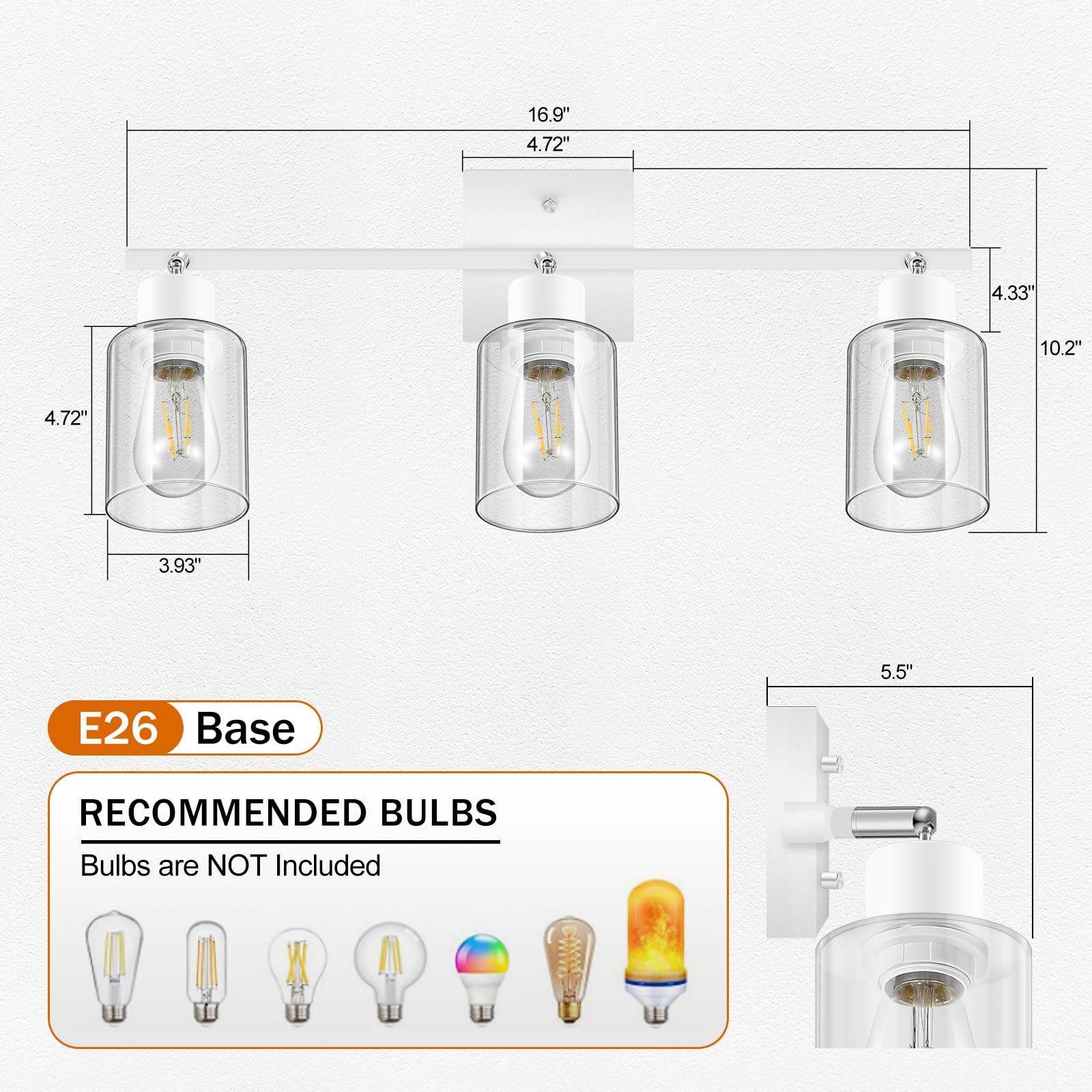 LED 4 Light Track Lighting Kit, 4 Way Ceiling Spot Lighting with Glass Lampshade, Flexibly Rotatable Light Head for Kitchen, Living Room, Bedroom, Bulb Not Included