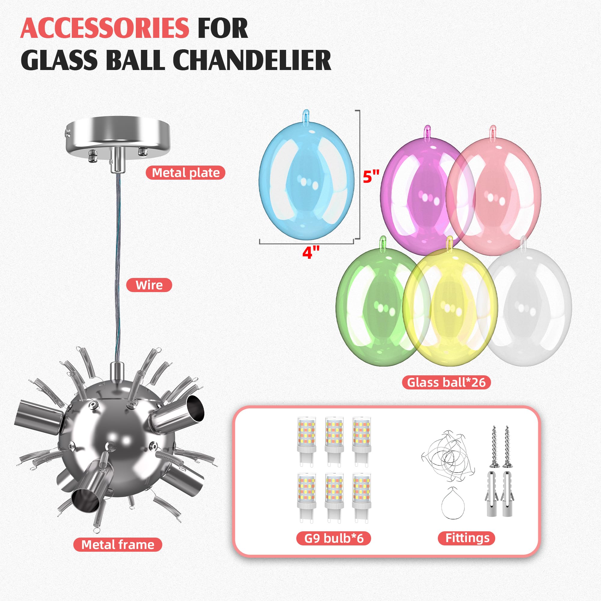 Semi Flush Mount Ceiling Bubble Ball Chandelier Lighting Dia 20 Inch Gold Clear Ribbed Blown Glass Chandeliers Ceiling Medallions Light Fixtures for Bedroom, Living Room, Entry, Bathroom