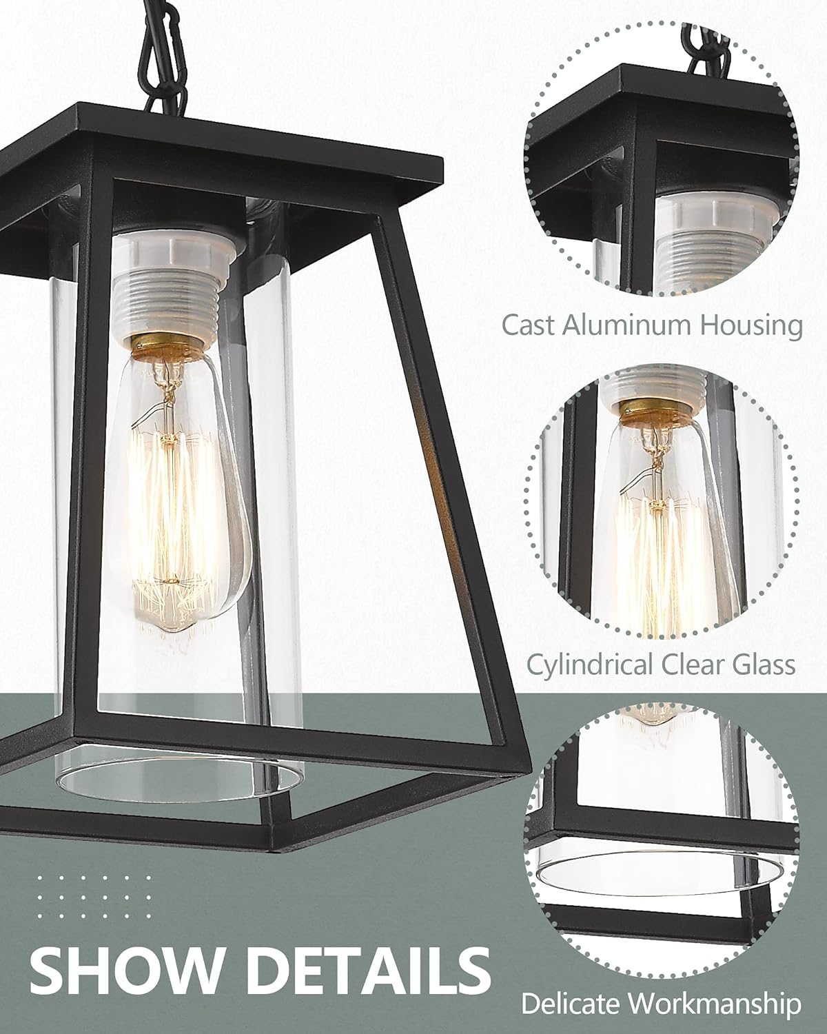 Outdoor Pendant Lights for Porch,Exterior Hanging Light Fixtures,Outdoor Lantern Pendant Light in Textured Black Finish w/Clear Glass Panel - 2451-1H