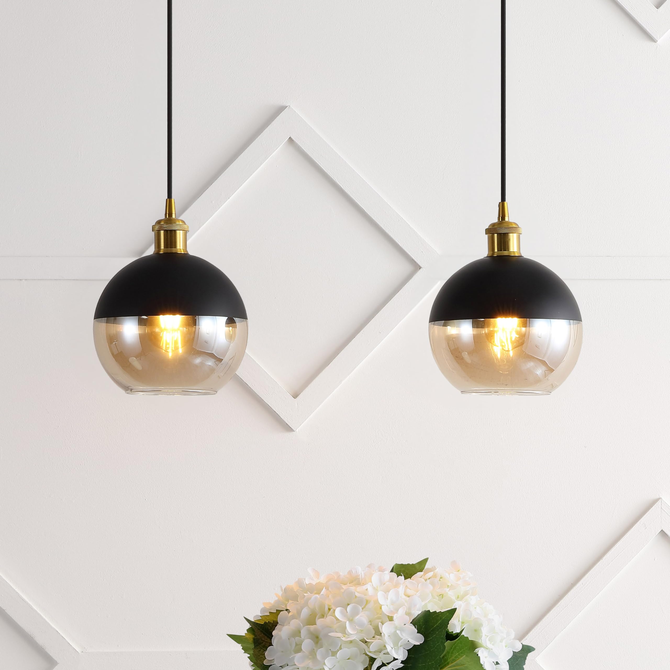 7.5" Adjustable Drop Globe Metal/Glass LED Pendant Contemporary Transitional Dimmable Dining Room Living Room Kitchen Foyer Bedroom Hallway, Brass Gold/Black