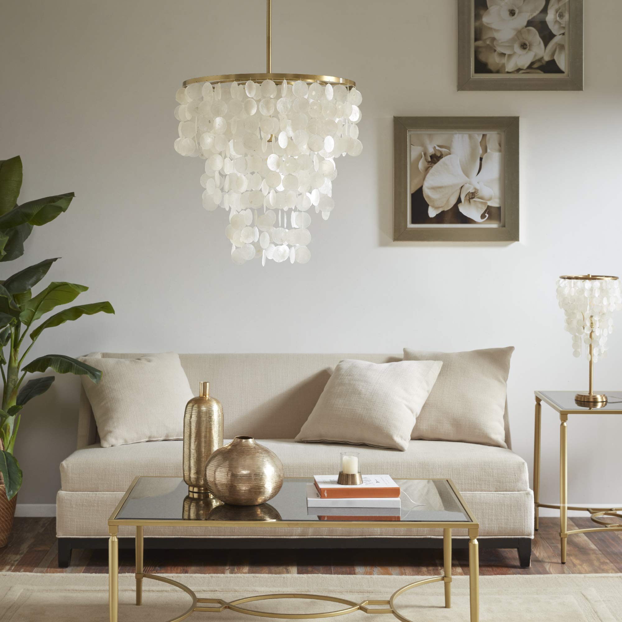 Modern Classic Chandeliers-Metal, White Shell Shade Pendant Ligthing Lamp Ceiling Dining Room Lighting Fixtures Hanging