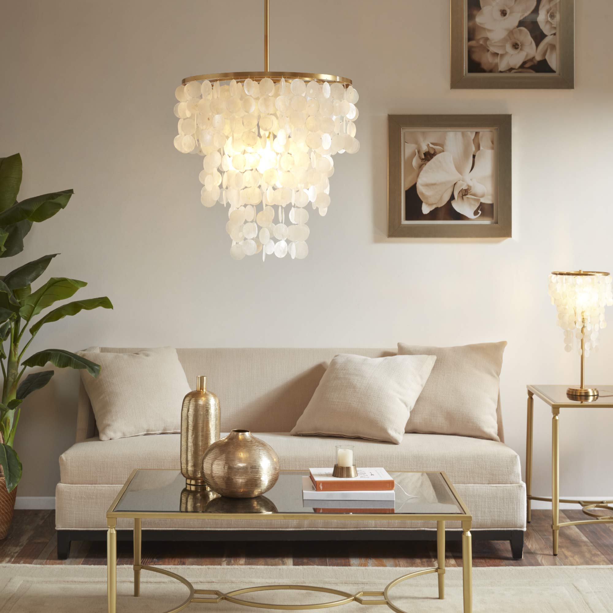 Modern Classic Chandeliers-Metal, White Shell Shade Pendant Ligthing Lamp Ceiling Dining Room Lighting Fixtures Hanging