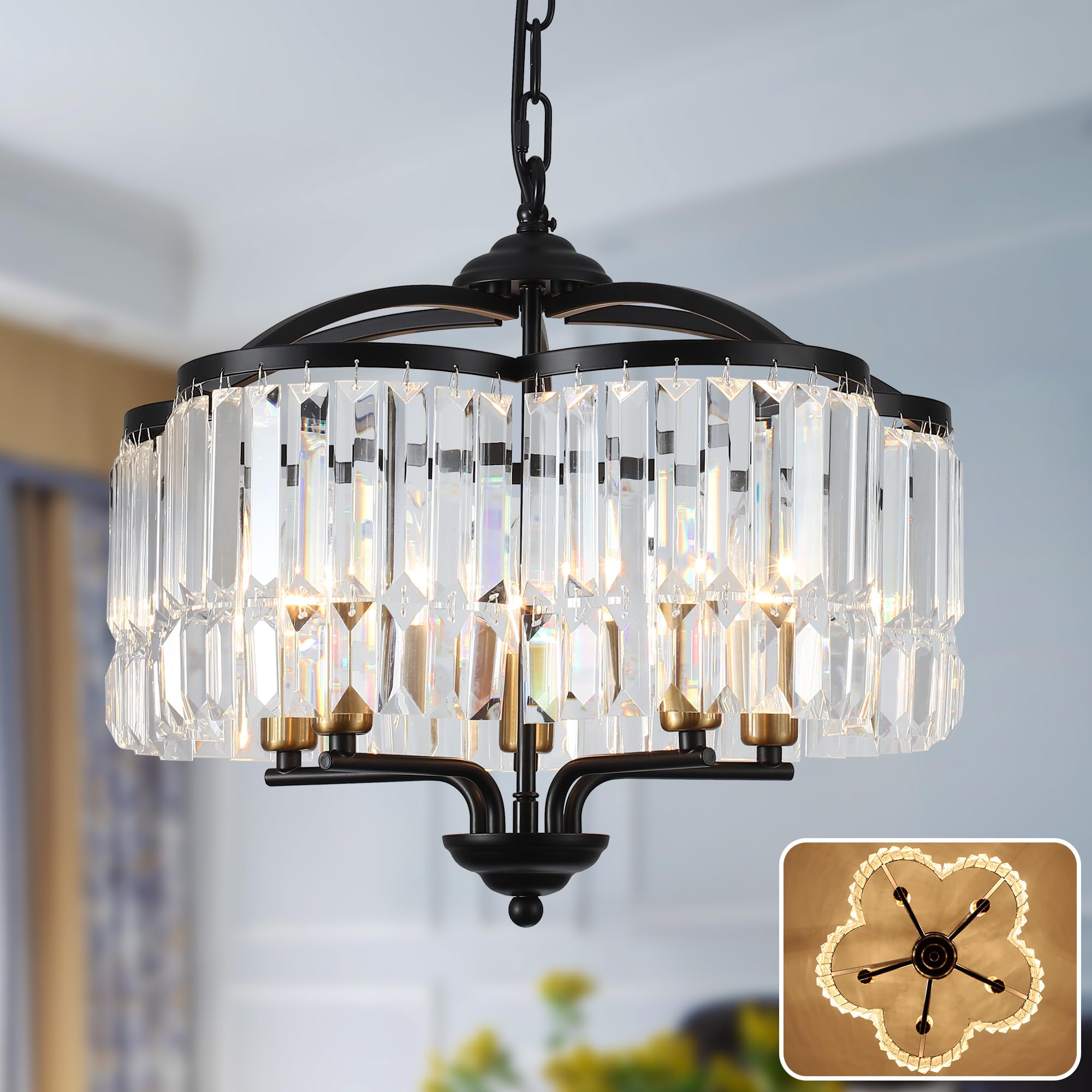 Modern Black Glass Chandeliers for Dining Room Water Ripple Glass Light Fixture 6-Light Crystal Chandeliers for Kitchen Island Living Room Bedroom