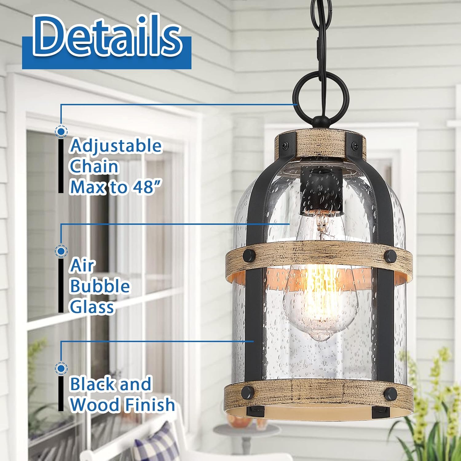 Outdoor Pendant Light for Porch,Waterproof Modern Exterior Hanging Lantern with Adjustable Chain, in Black and Wood Grain Finish with Air Bubble Glass for Front Door,Entryway,Farmhouse