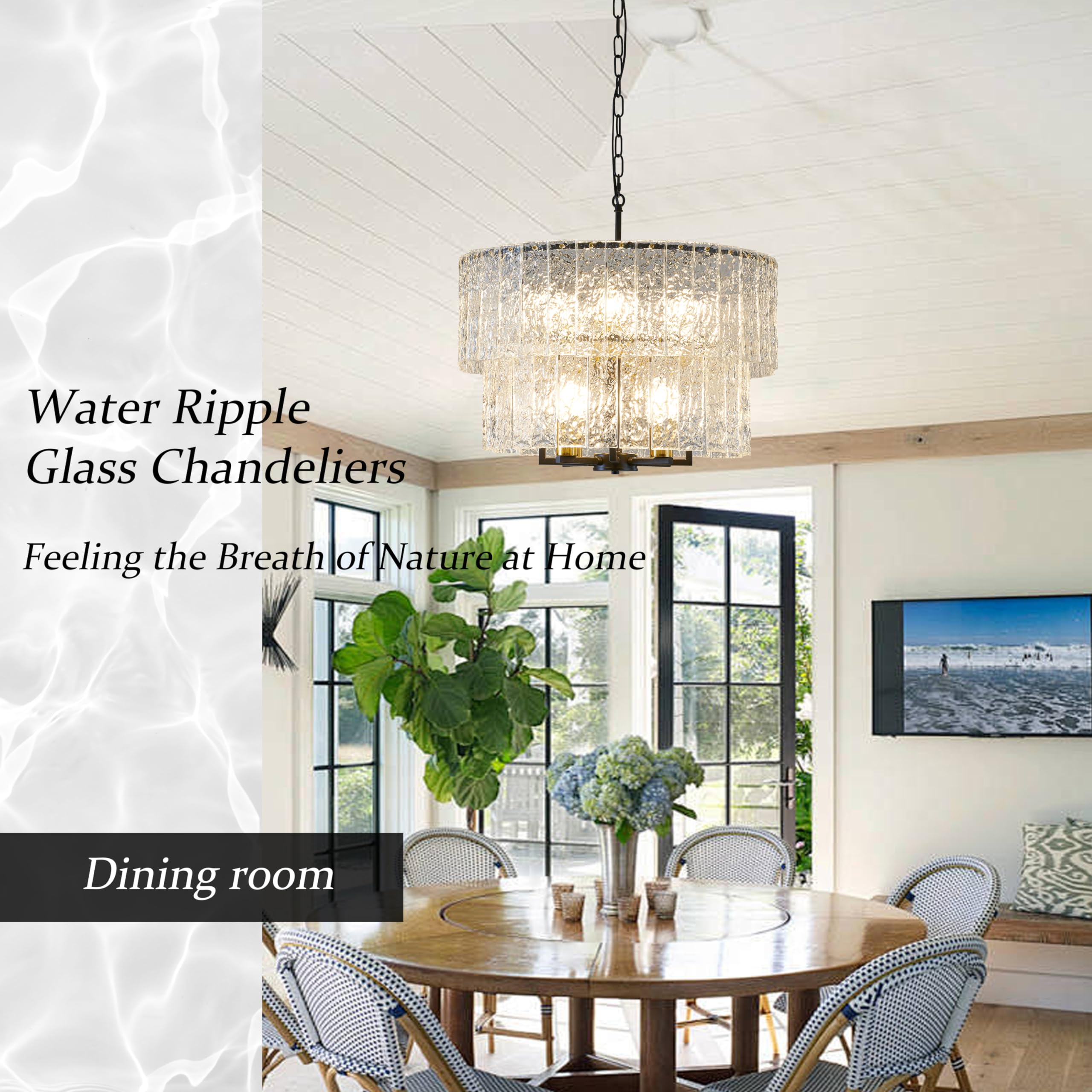 23.8” Modern Crystal Chandeliers for Dining Room 6-Light, Luxury Water Ripple Glass Chandelier Over Table, Black Round Light Fixture Farmhouse for Dining Room Foyer Living Room Bedroom