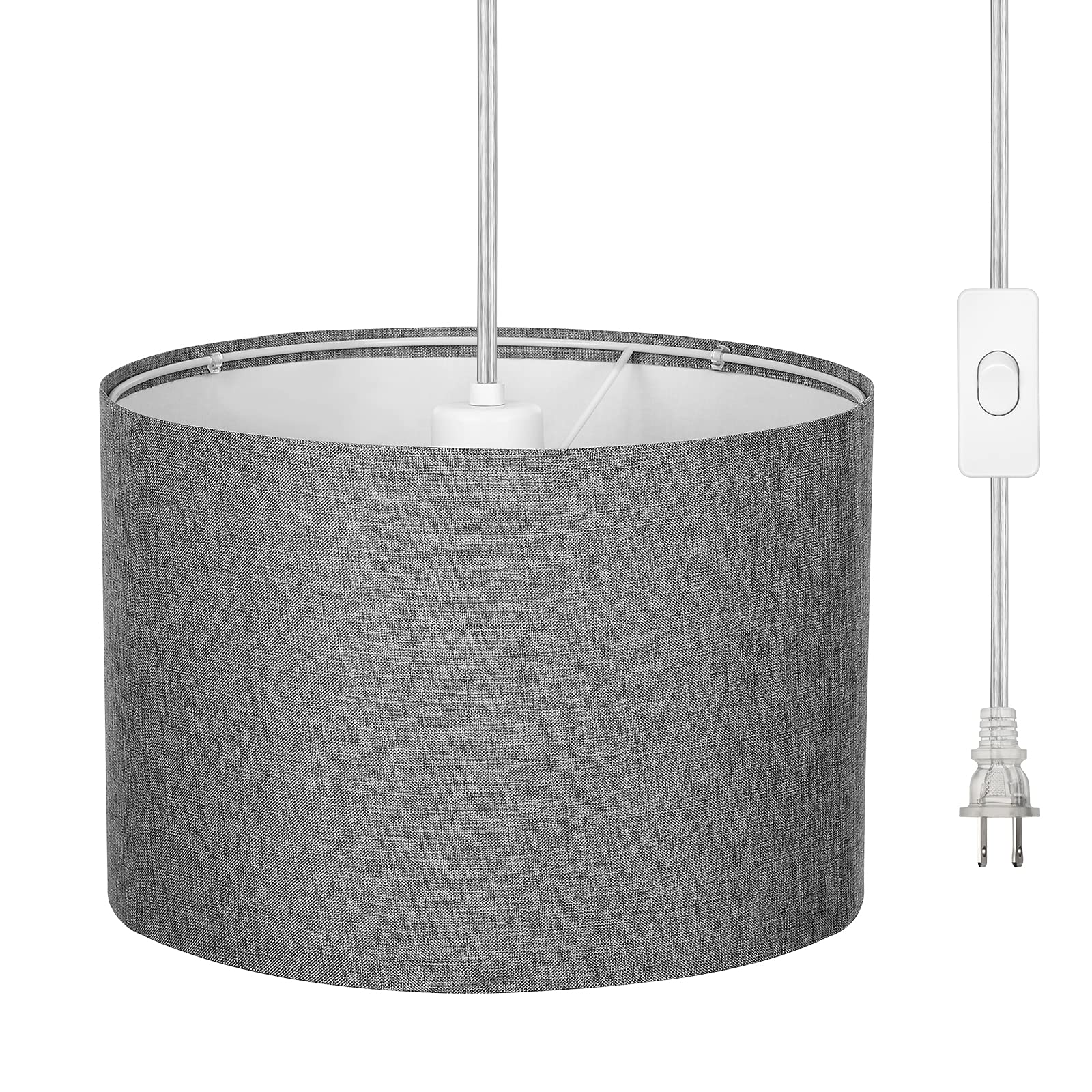 Plug in Pendant Light, Hanging Light with 15Ft Clear Cord, On/Off Switch, Beige Linen Shade, Hanging Light Fixture for Bedroom, Kitchen, Living Room, Dining Table