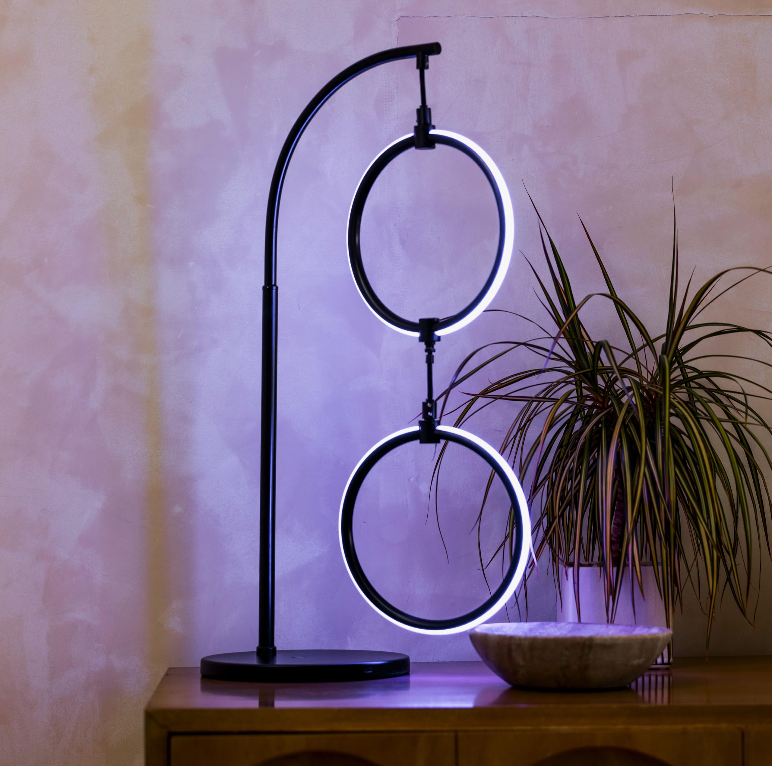 Modern Table Lamp - Contemporary Arc Desk Lamp with 2-Circle Ring-Style Pendant - Alexa Compatible Nightstand Beside The Couch Lamp with Arching Pole Matches Living Room Décor - Brass