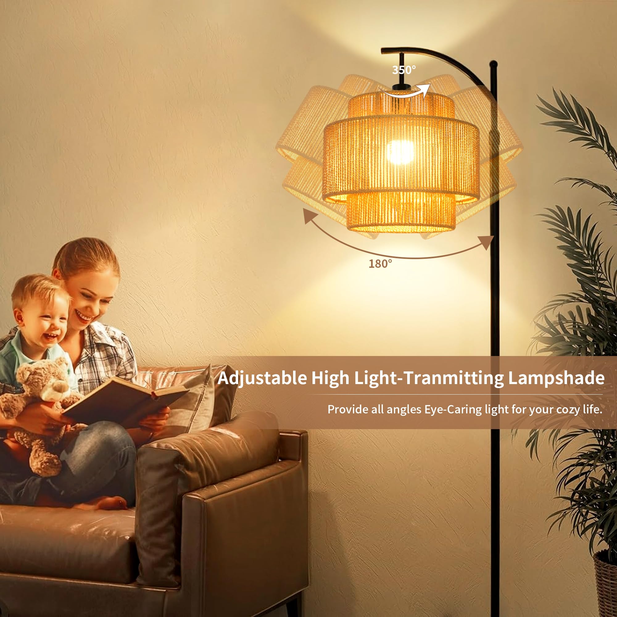 Floor Lamp for Living Room,Bedroom,Boho Rattan Floor Lights,Tree 3 Bulb Standing Lamp Farmhouse Industrial Black Tall Lamp,Wicker Bamboo Lamp Shade Flower Dimmable Floor Lamps Bohemian Decor