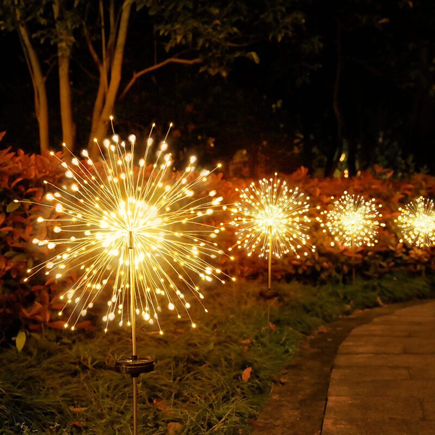 Outdoor Solar Lights Firework, 2 Pack 120 LEDs Waterproof Solar Lights for Outside Garden Yard Pathway Fence - Warm White