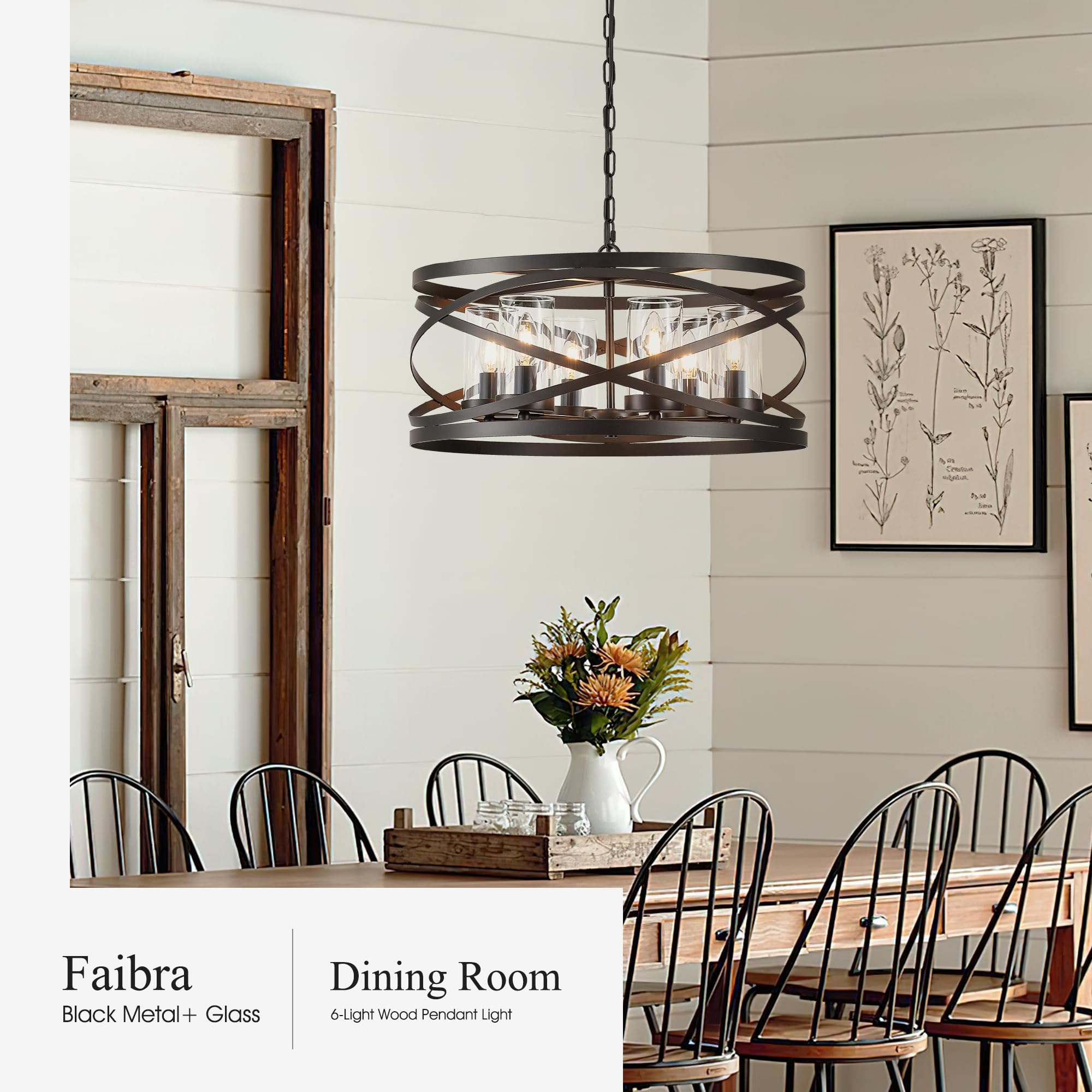 6-Light Farmhouse Wood Pendant Light,22.83'' Vintage Rustic Brown Oak Wood Chandeliers,Retro Industrial Hanging Light Fixtures for Dining Room Entryway, Bedroom