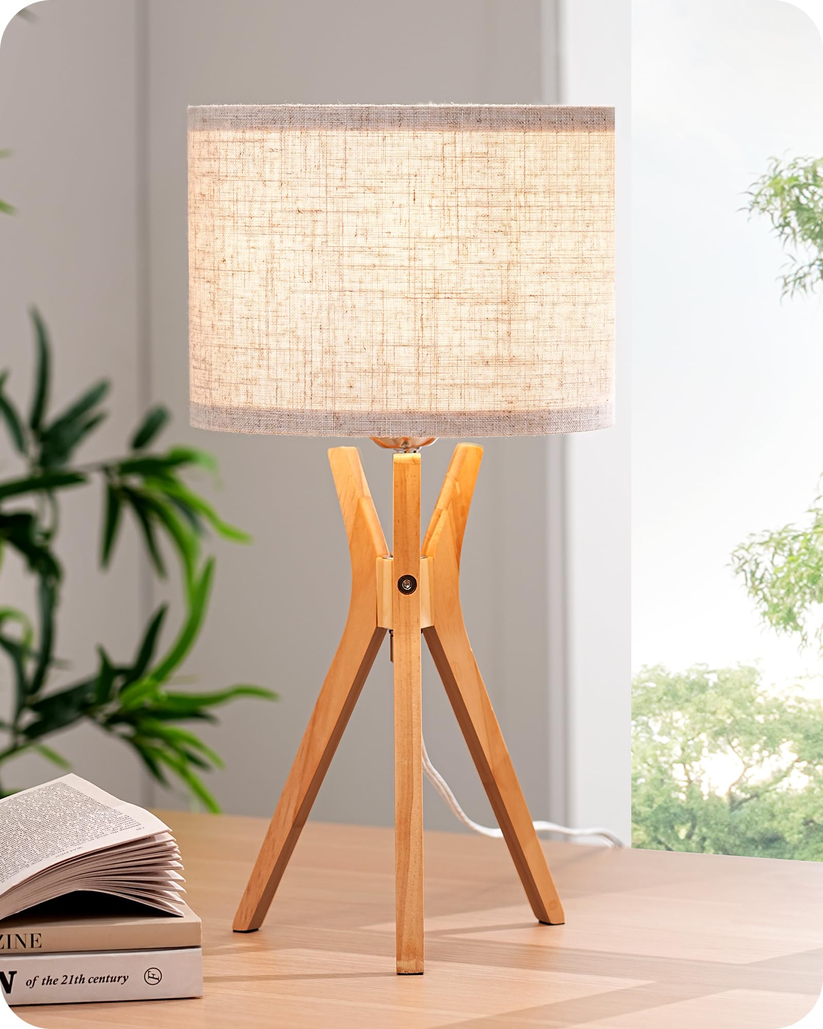 Mid Century Table Lamp, 17.5" Tripod Bedside Lamp with Deep Wood Color Light Base & Beige Linen Lampshade, Nightstand Lamp for Bedroom, Living Room, Reading Room, E26 Base