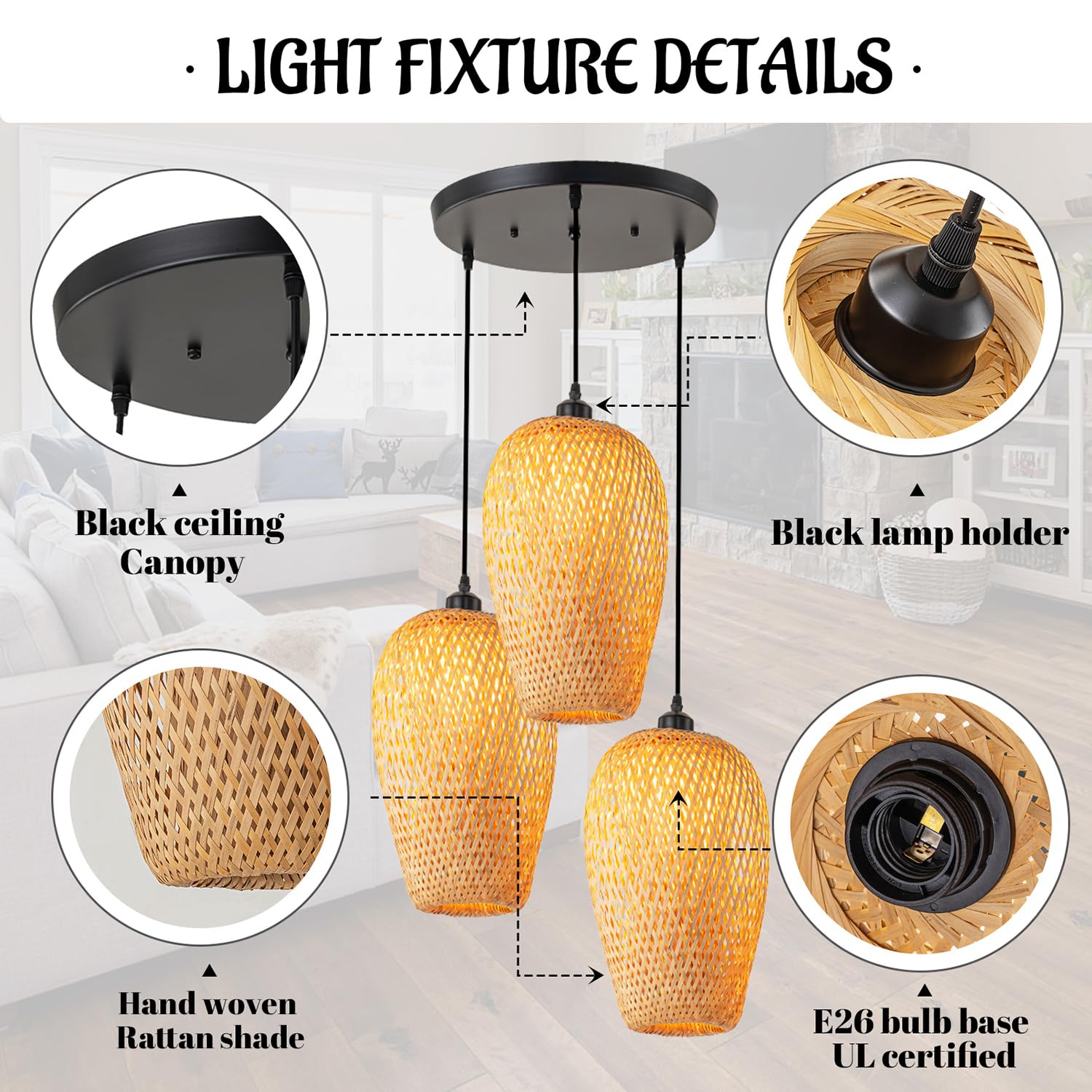 Rattan Pendant Light Bamboo Hanging Light 3-Lights Boho Pendant Light Fixture Woven Basket Wicker Shade Rattan Chandelier for Living Room Dining Room Kitchen