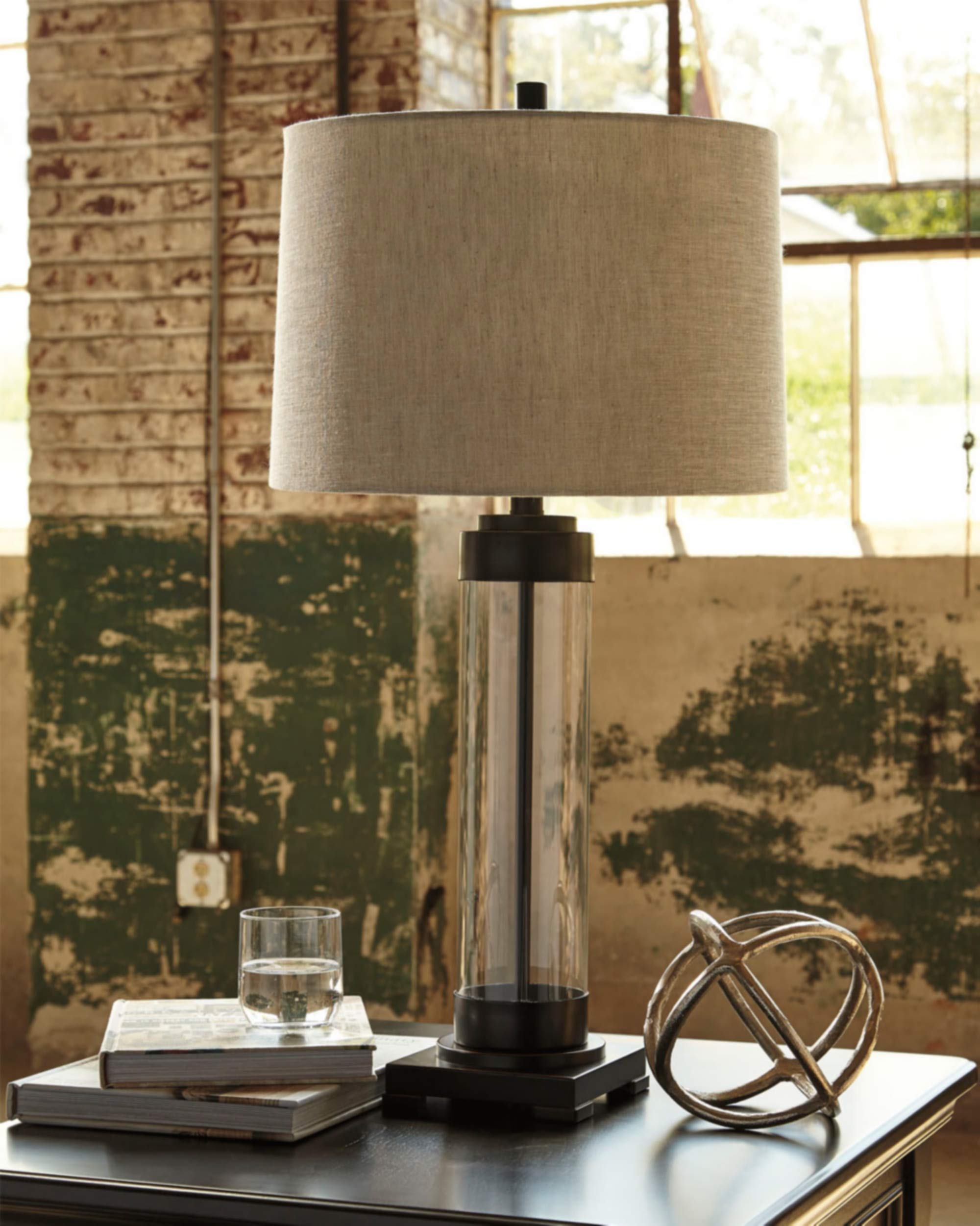 Industrial 30" Glass Table Lamp with Drum Shade, Bronze Finish