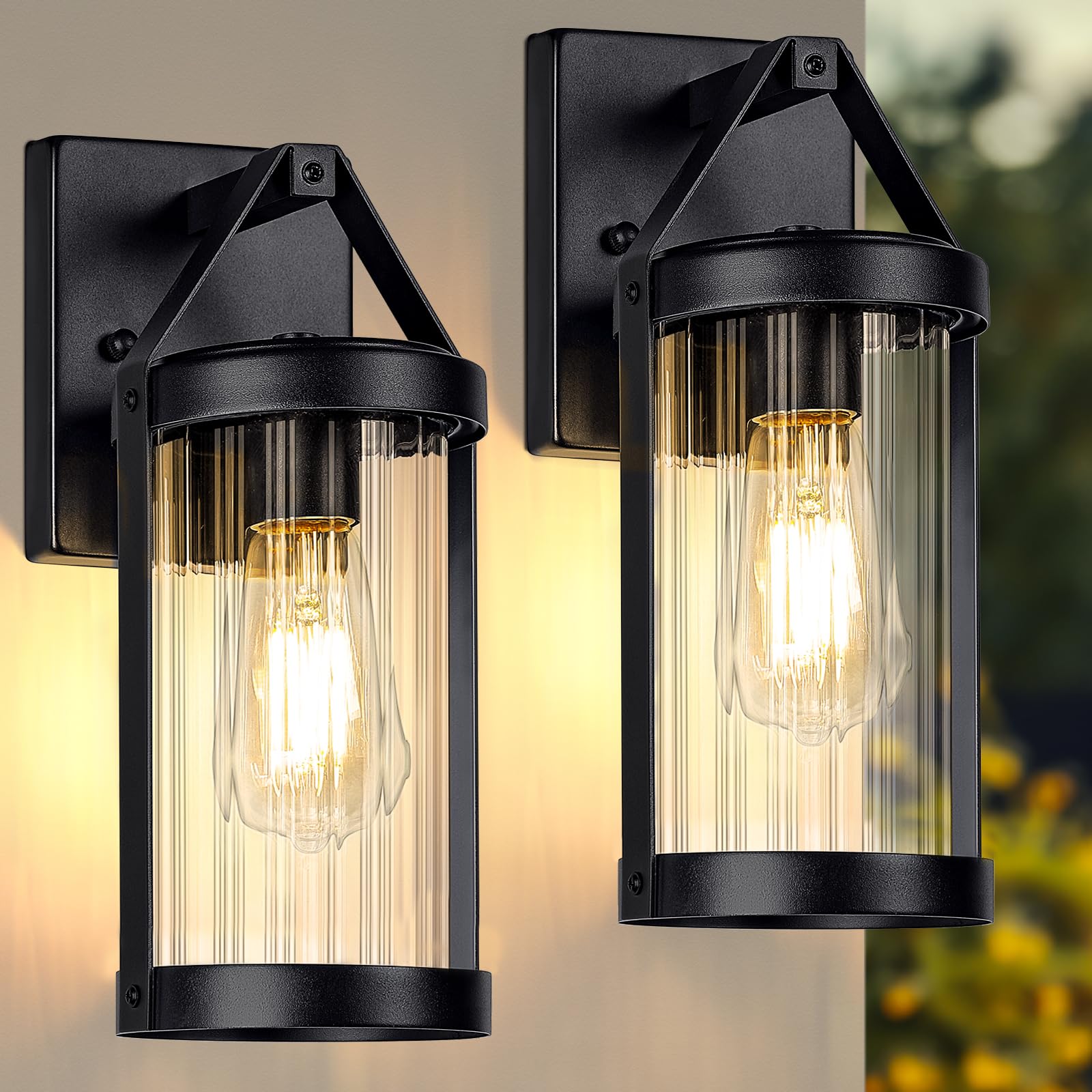 Outdoor Wall Light Fixtures, Waterproof Exterior Wall Sconce Porch Lights, Matte Black Outdoor Wall Lantern with Clear Ribbed Glass, Outside Wall Mount Lighting for House, Garage, Front Door, 2-Pack