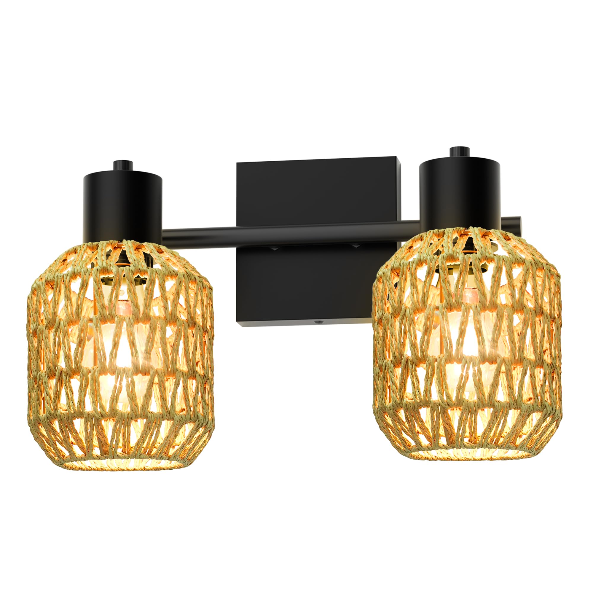 Rattan Wall Sconces Set of Two, Boho Bathroom Vanity Lighting Fixtures over Mirror, Hardwired Farmhouse Wall Lamp with 330°Adjustable Arm for Living Room, Bedroom and Hallway, E26 Base (Not Included)