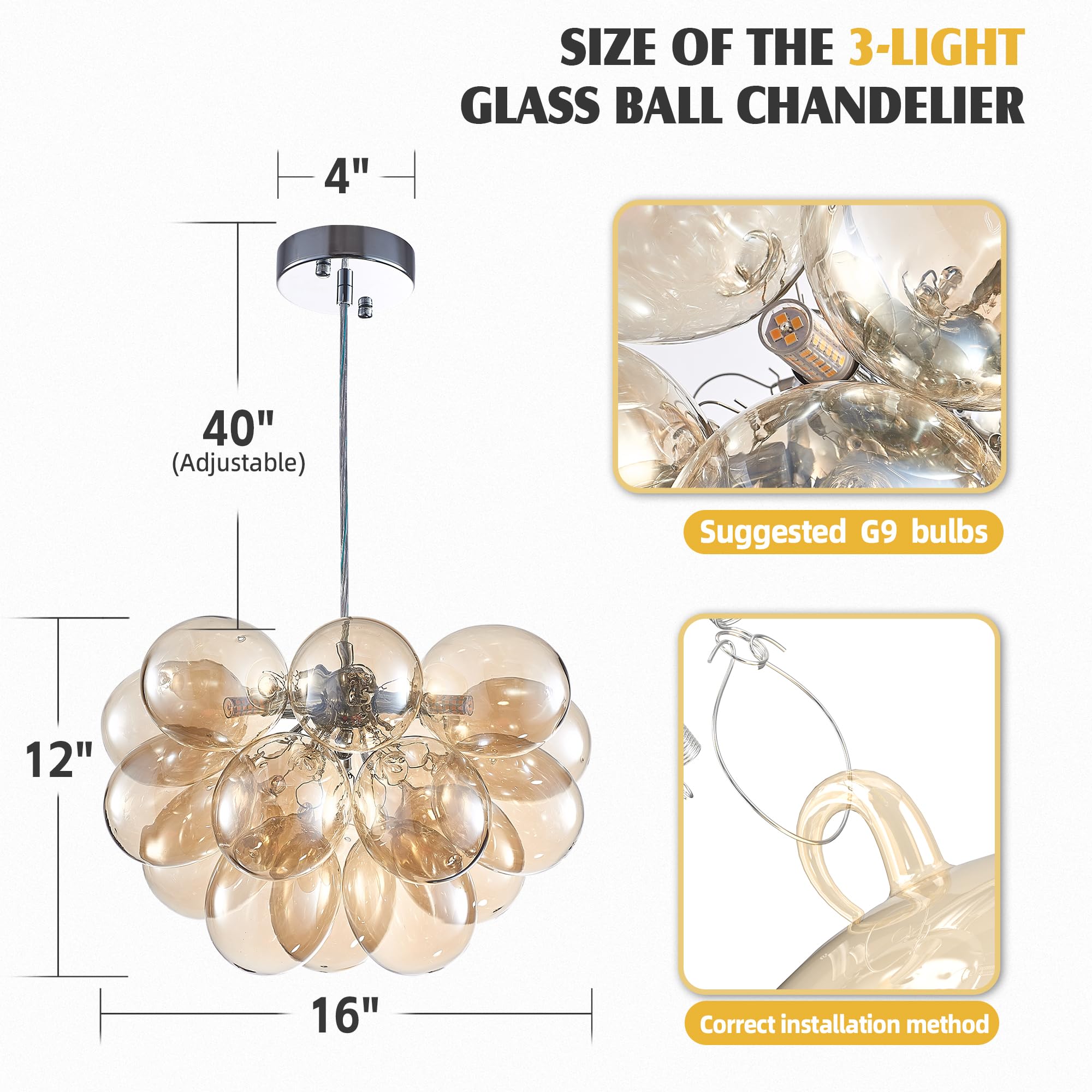 Semi Flush Mount Ceiling Bubble Ball Chandelier Lighting Dia 20 Inch Gold Clear Ribbed Blown Glass Chandeliers Ceiling Medallions Light Fixtures for Bedroom, Living Room, Entry, Bathroom