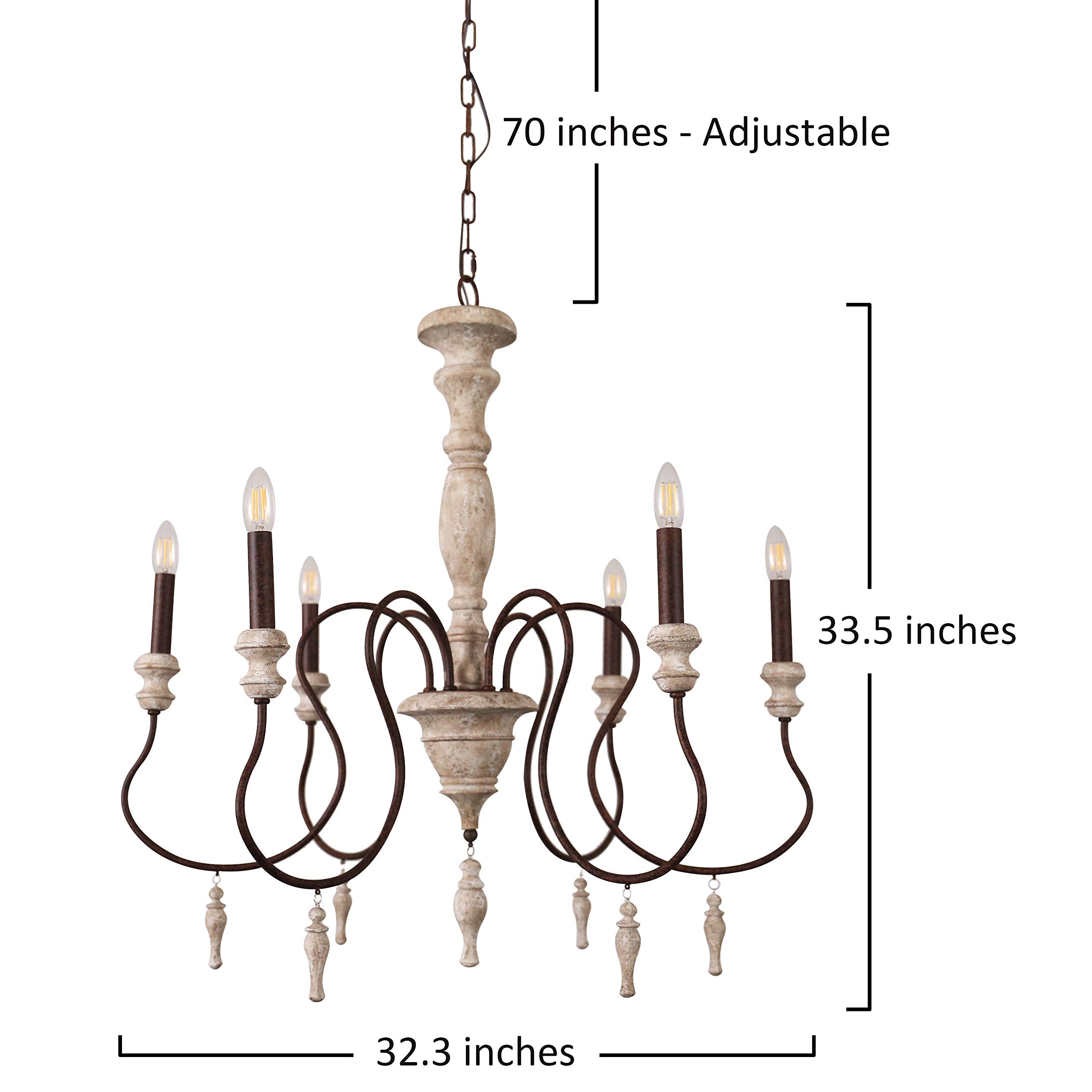 Rustic Wood Chandelier with 6 Candle Light, Royal French Country Wooden Chandelier Farmhouse Styel, Adjustable