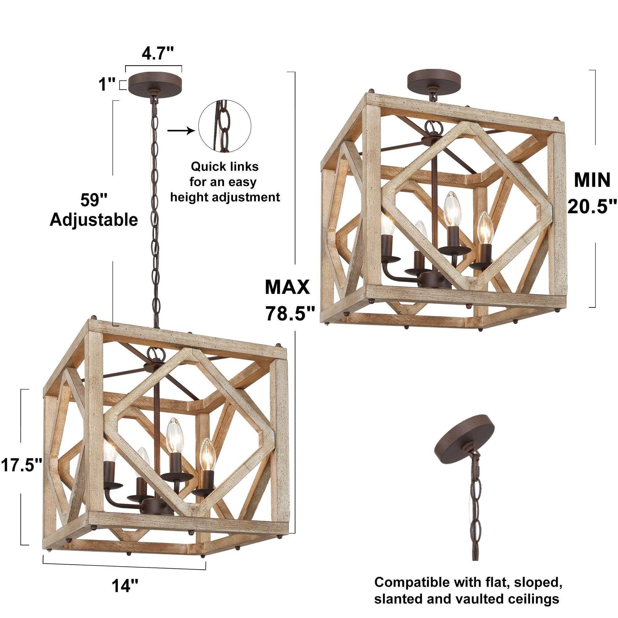 Farmhouse Chandelier, 4-Light Rustic Wood Cage Dining Room Chandelier Over Table, Wooden Square Chandeliers Hanging Light Fixture for Bedrooms, Kitchen Island, Entryway, Foyer