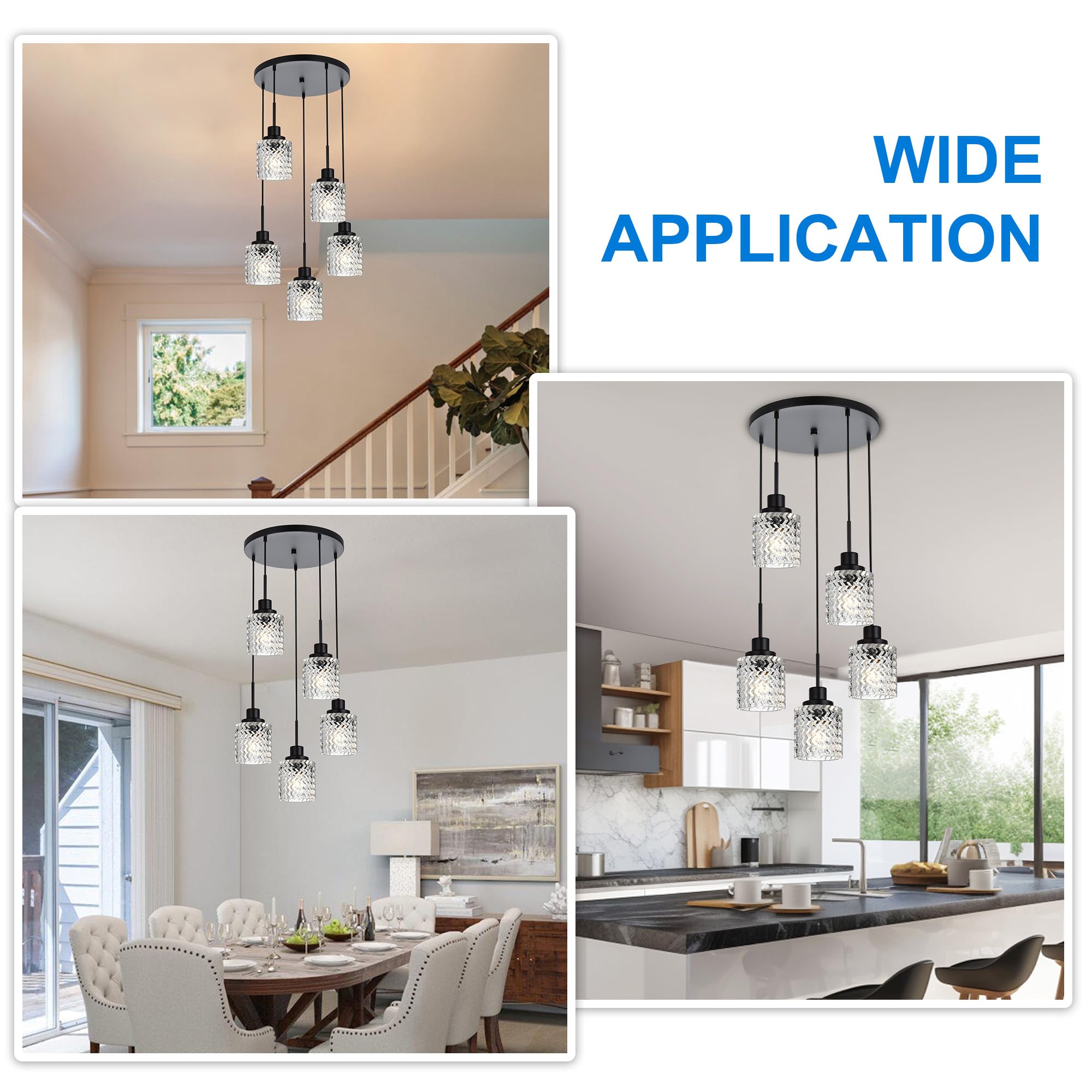 6 Lights Linear Chandeliers for Dining Room, Black Island Lighting Fixture Hanging Pendant Lights with Hammered Glass Shade for Kitchen Island, Dining Hall, Bar