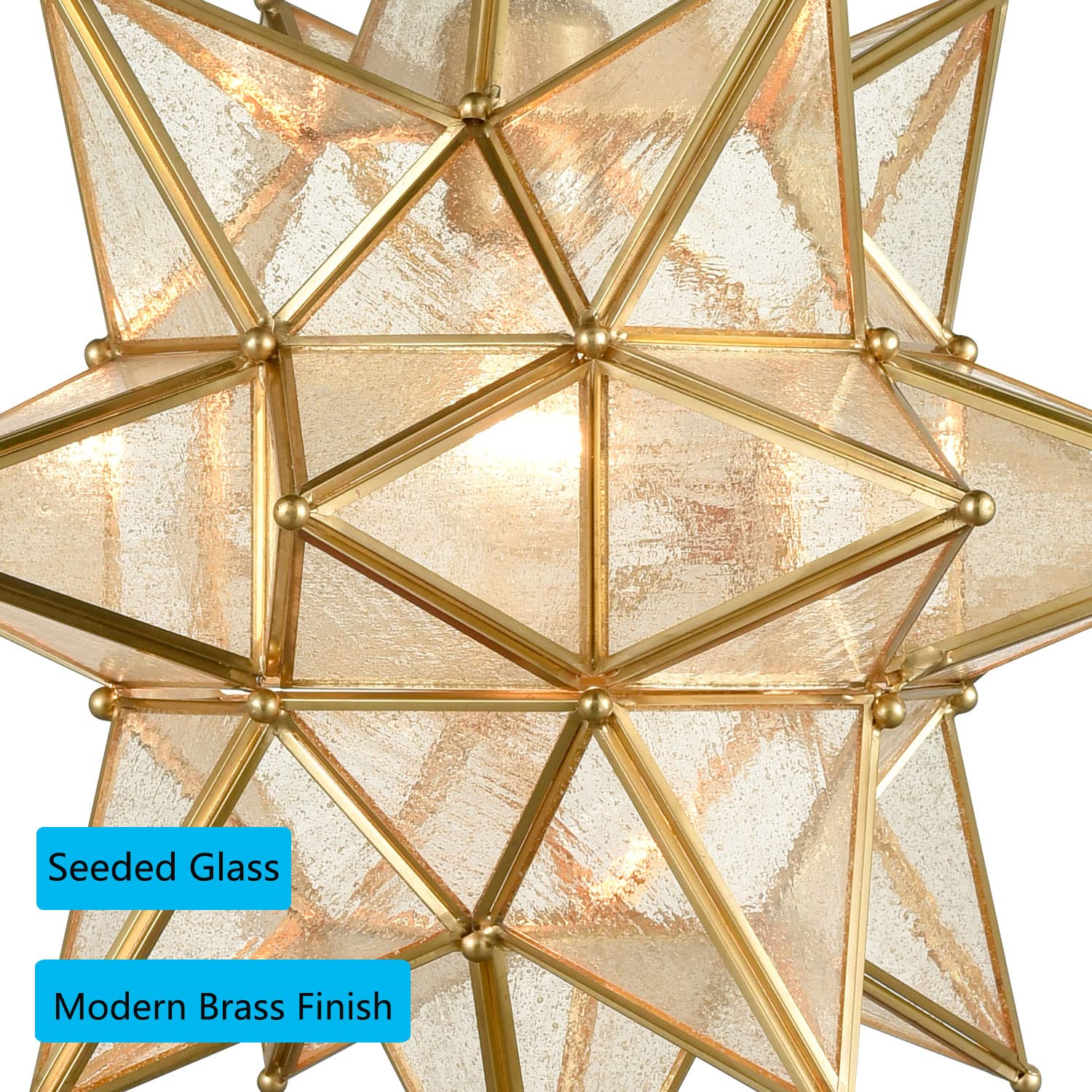 Moravian Star Pendant Light 20-Inch Large Hanging Ceiling Light Modern Gold Finish with Seeded Glass Adjustable Chain