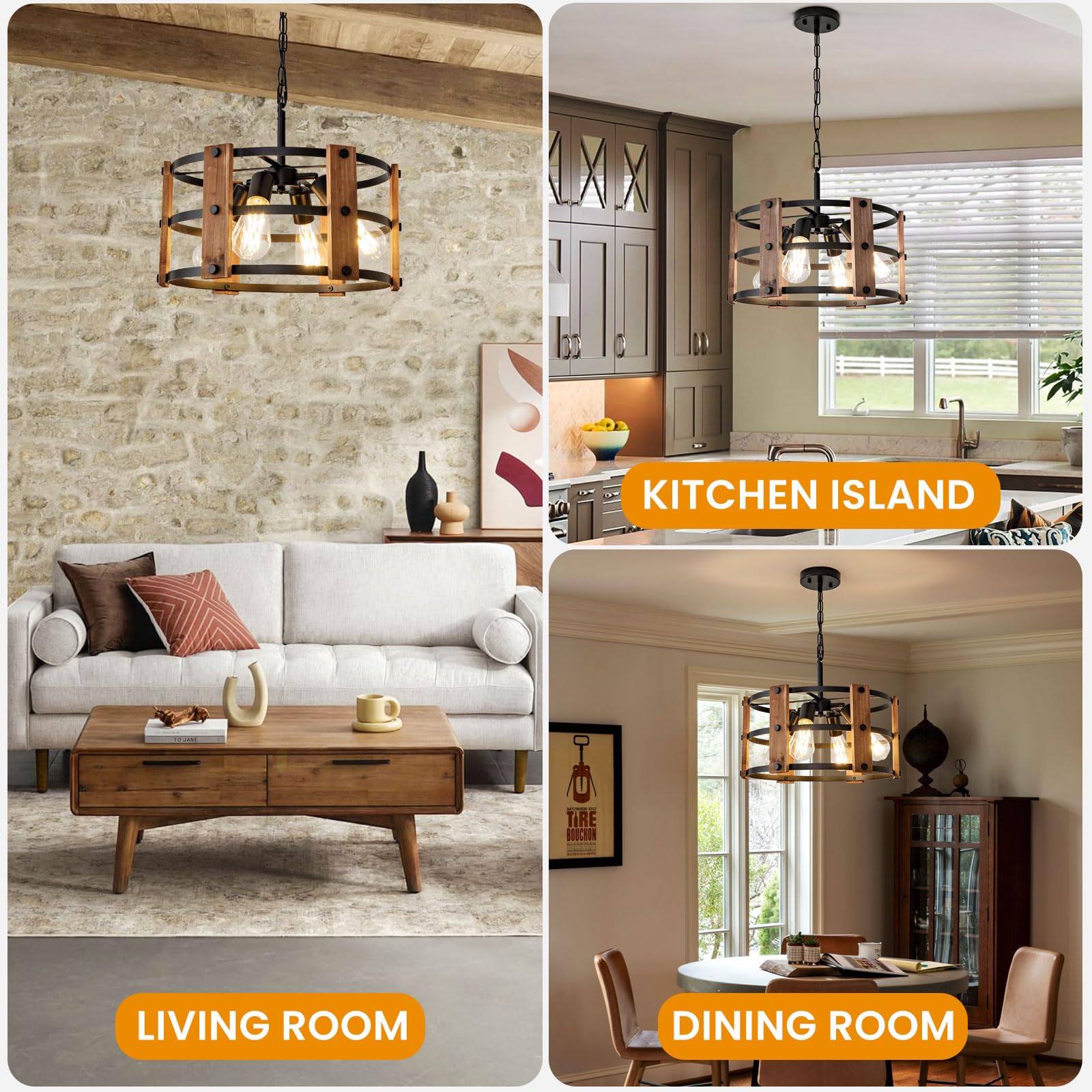 15'' Farmhouse Chandelier, Wooden Chandelier，Adjustable Dining Room Light Fixture Kitchen Island Lighting, Rustic Hanging Lights for Entryway Foyer Bedroom Living Room