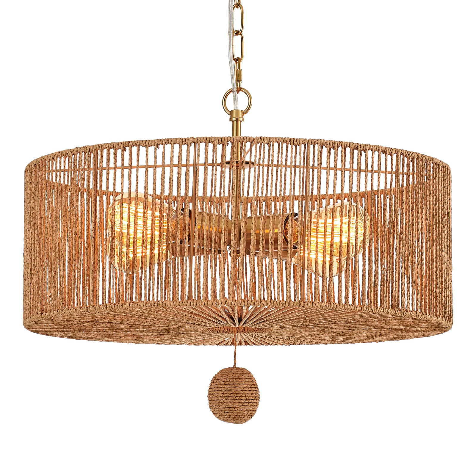 Hand-Woven Rattan Chandelier Vintage Farmhouse Boho Bamboo Chandelier Light Fixture Rustic Retro 5-Lights Drum Wicker Rattan Black Chandelier for Dining Room, Kitchen, Living Room, E12