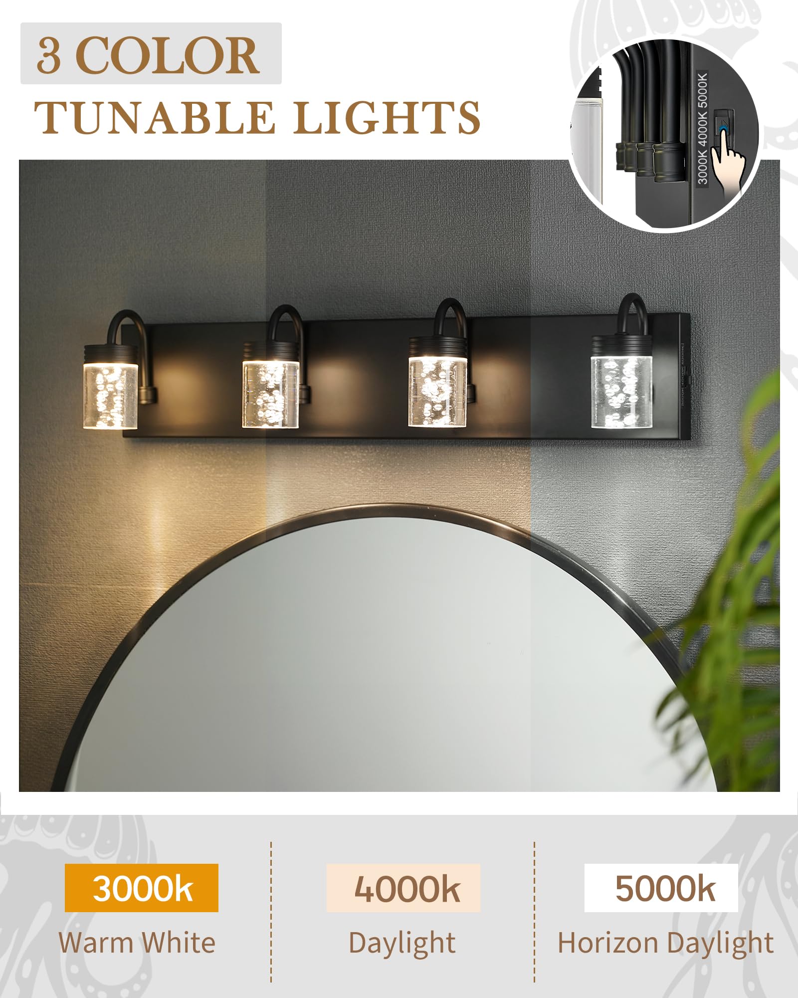 4 Lights Dimmable Crystal LED Vanity Light, Modern Matte Black Bathroom Light Fixtures 16W 3000/4000/5000K, LMS-193