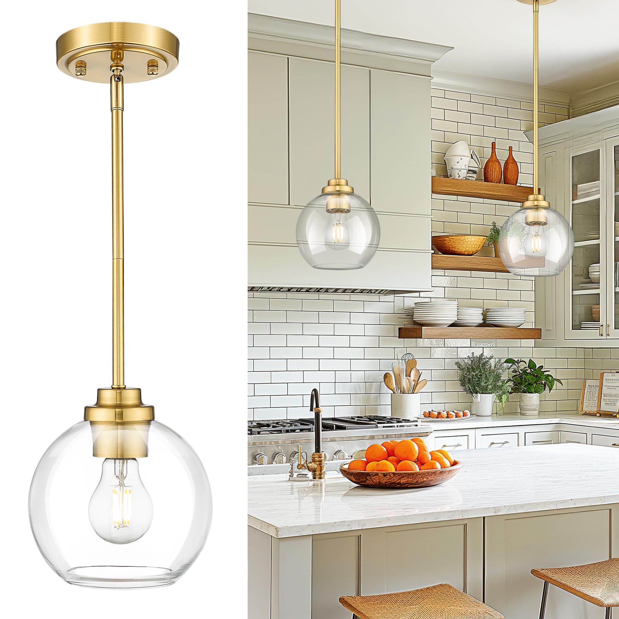 Modern Polished Gold Pendant Light, Mid Century Globe Hanging Light Fixture with Clear Glass for Kitchen Island Dining Room Bedroom Hallway Foyer (2 Pack), PL101BG-2PK