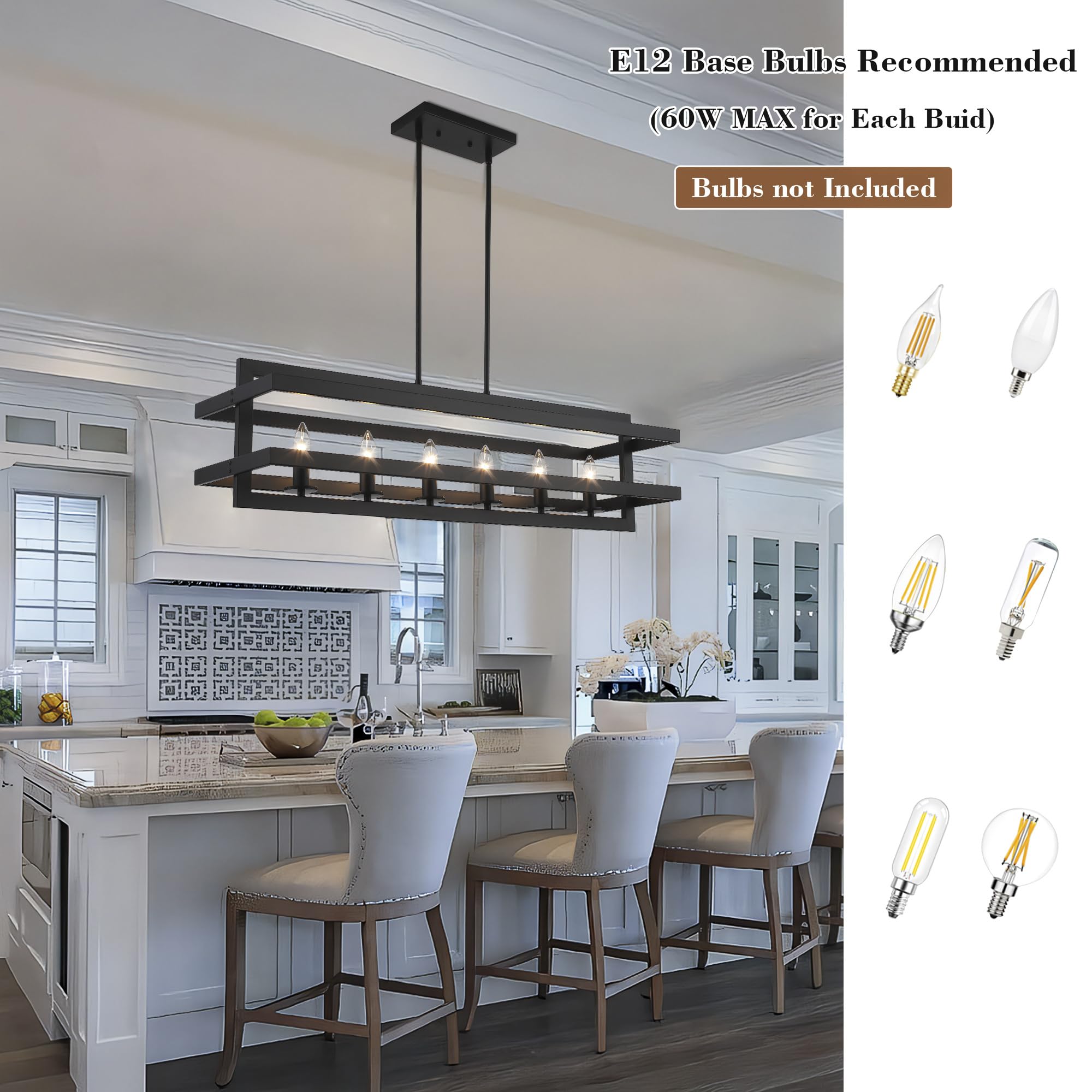 41" Black Chandeliers Rectangle Kitchen Island Lighting, Modern Pendant Lights Kitchen Island, 6 Light Farmhouse Chandeliers for Dining Room with Adjustable Height