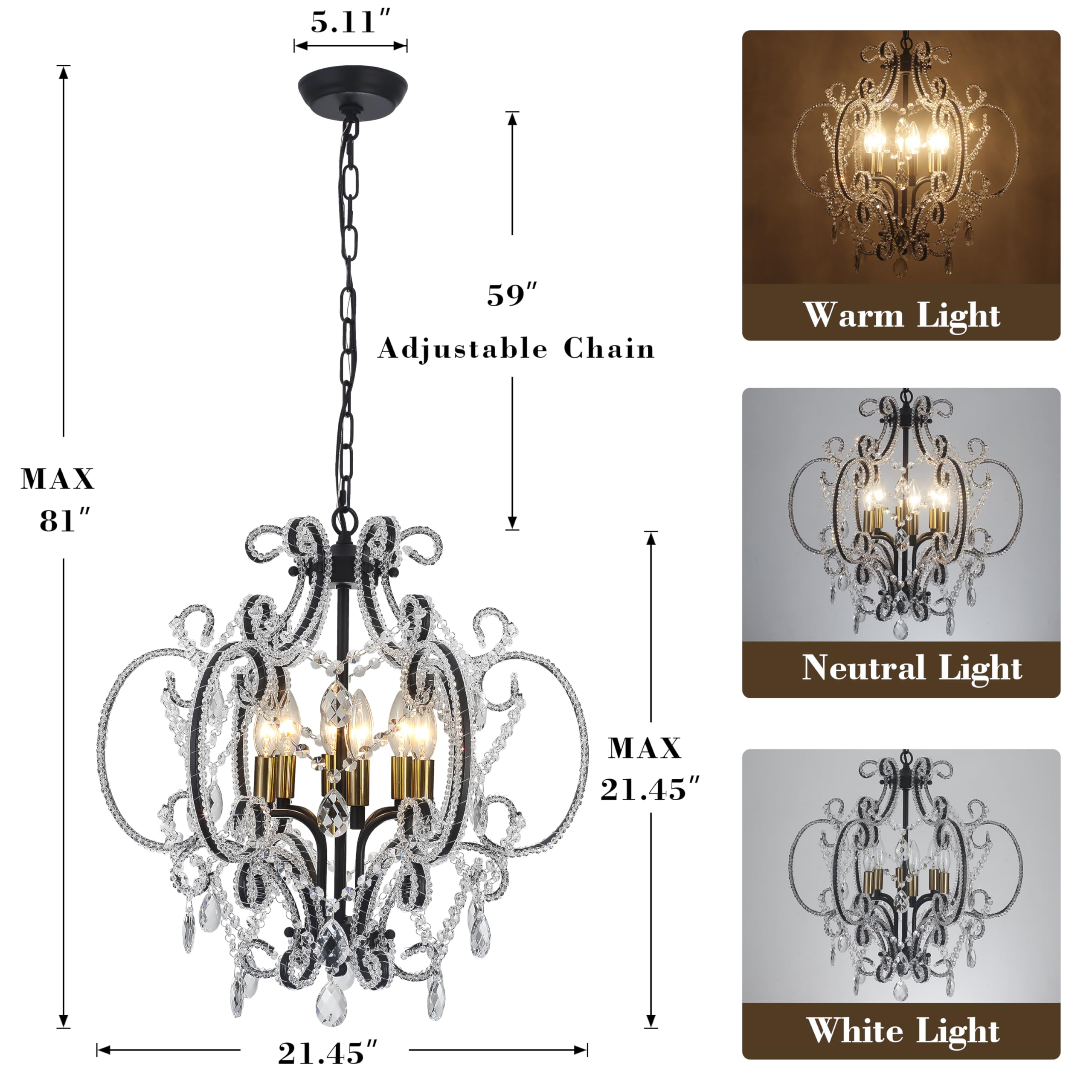 Modern Black Glass Chandeliers for Dining Room Water Ripple Glass Light Fixture 6-Light Crystal Chandeliers for Kitchen Island Living Room Bedroom